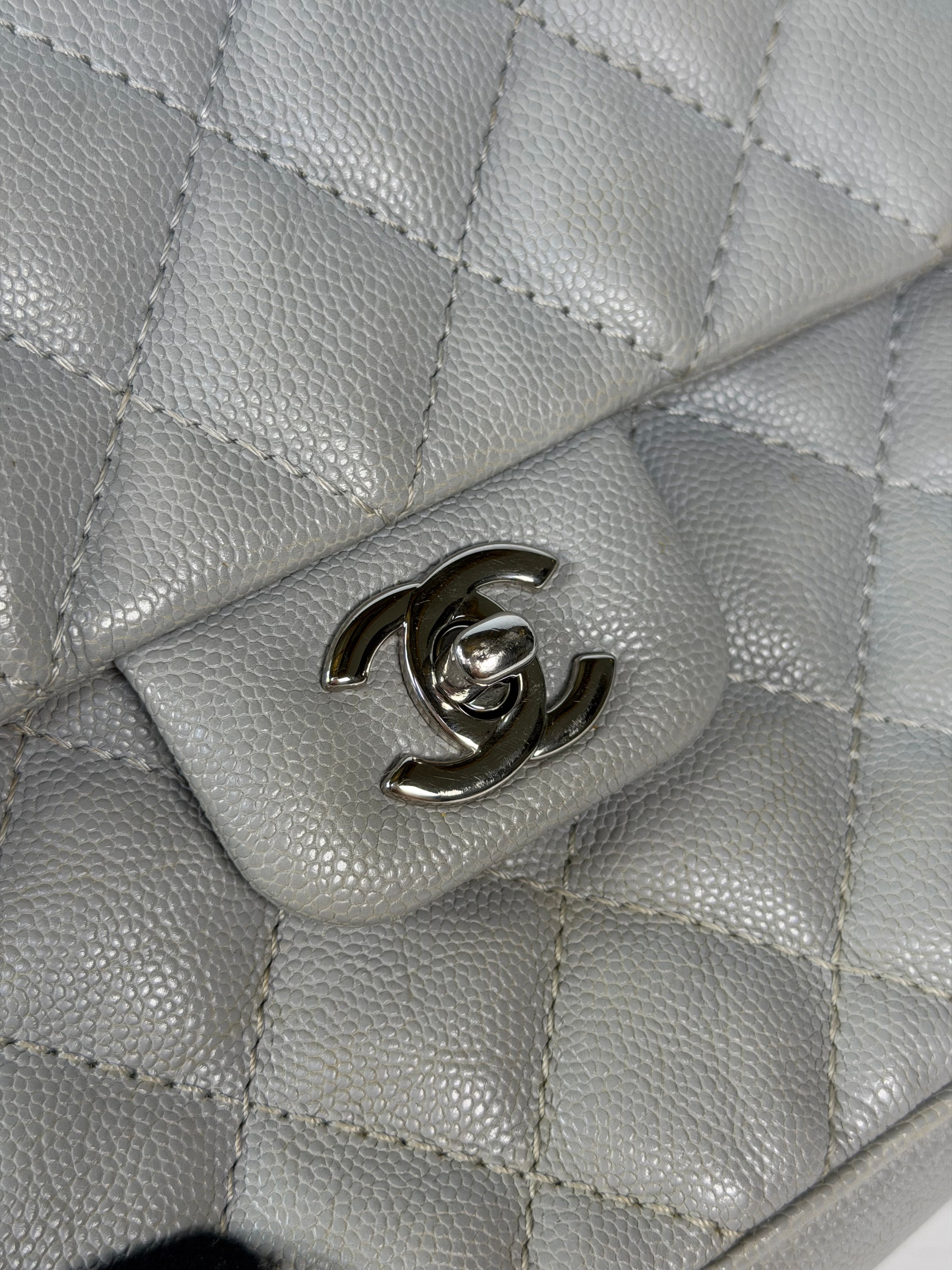 Chanel Mini Flap Bag In Glacier Grey Caviar Leather With Silver Hardware