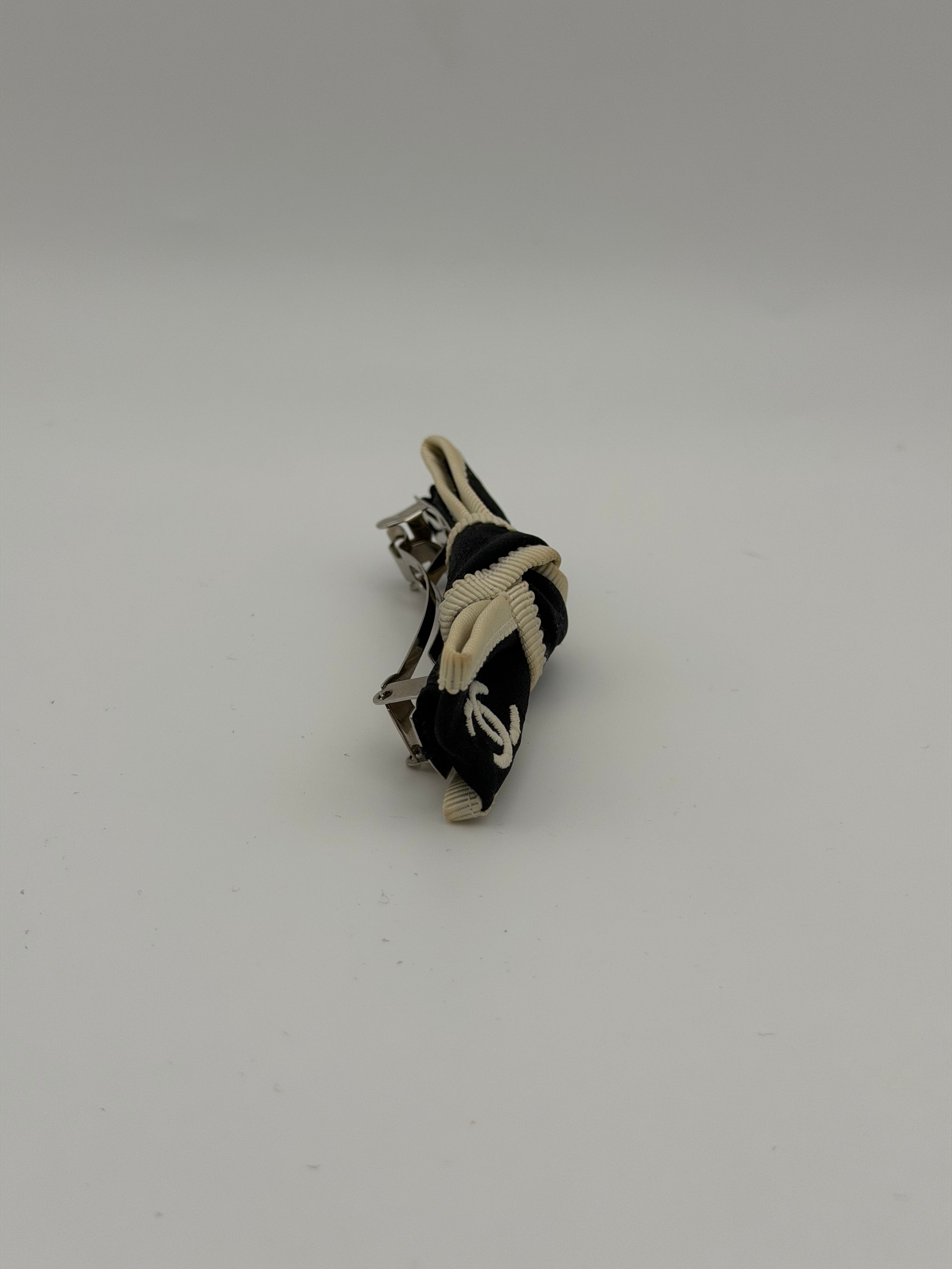 Chanel CC Logo Ribbon Bow Barrette In Black & Ivory Fabric With Silver Hardware