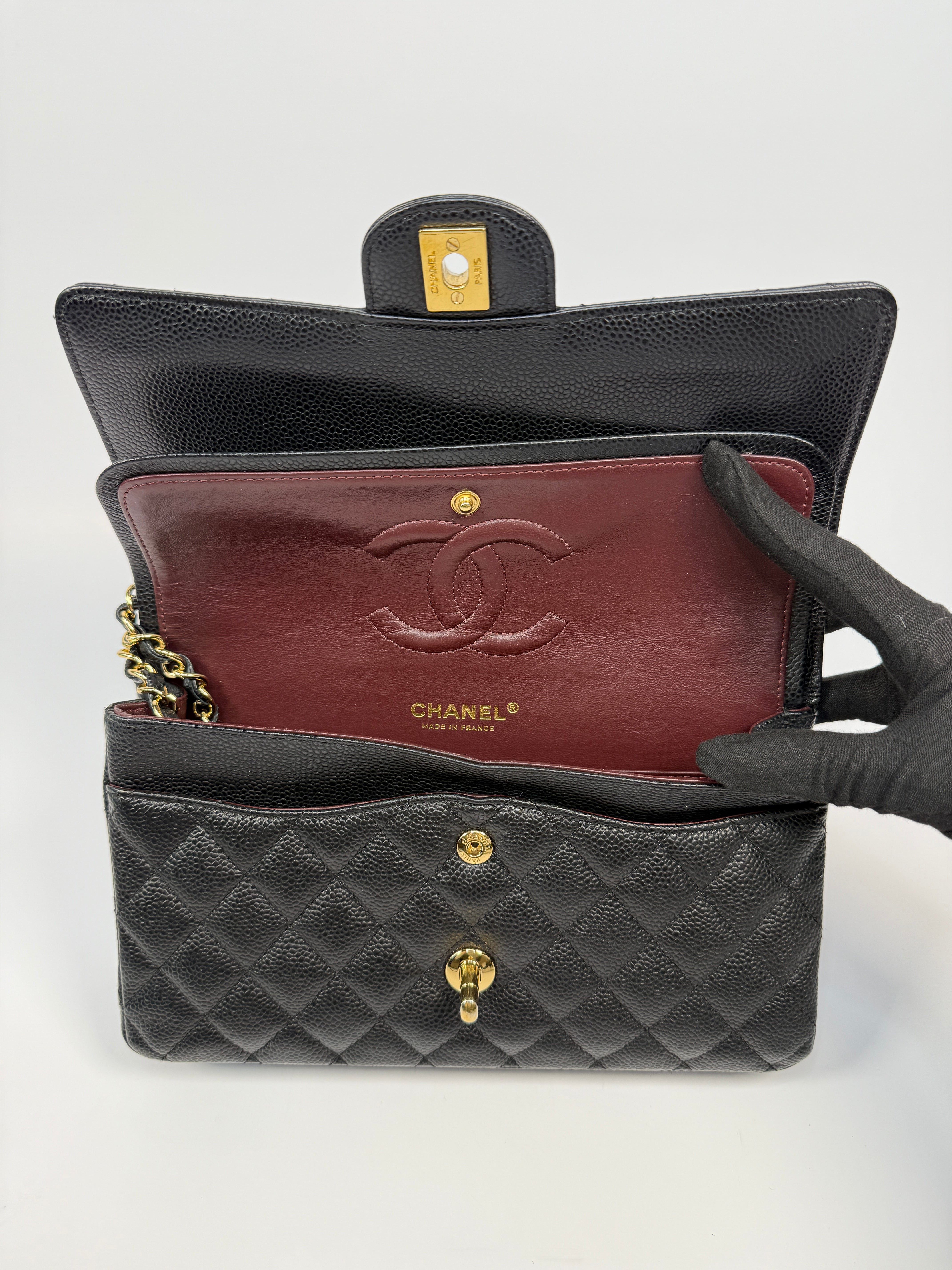 Chanel Medium Classic Double Flap Black Caviar With Gold Hardware, Authentic And Preloved In Excellent Condition 