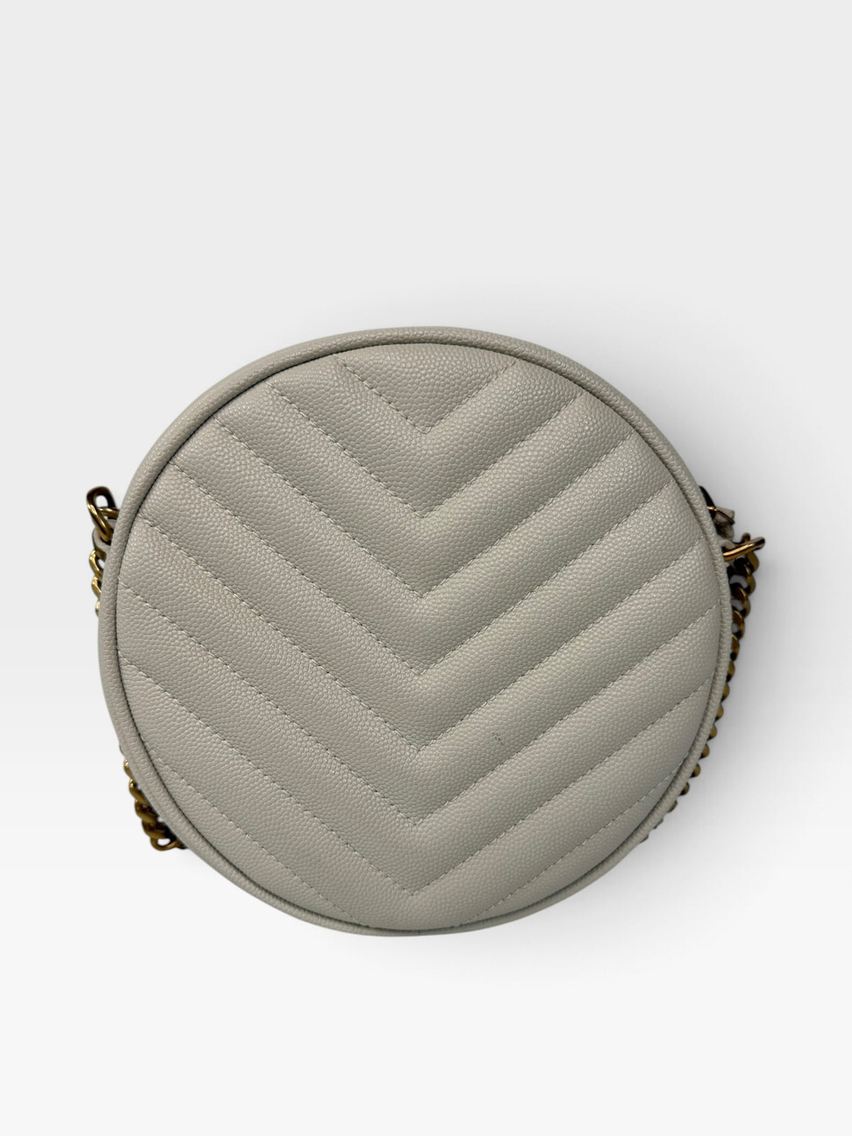 Saint Laurent Vinyle Round Bag In Stone Matelasse Chevron With Gold Hardware. 100% authentic and preloved in excellent condition