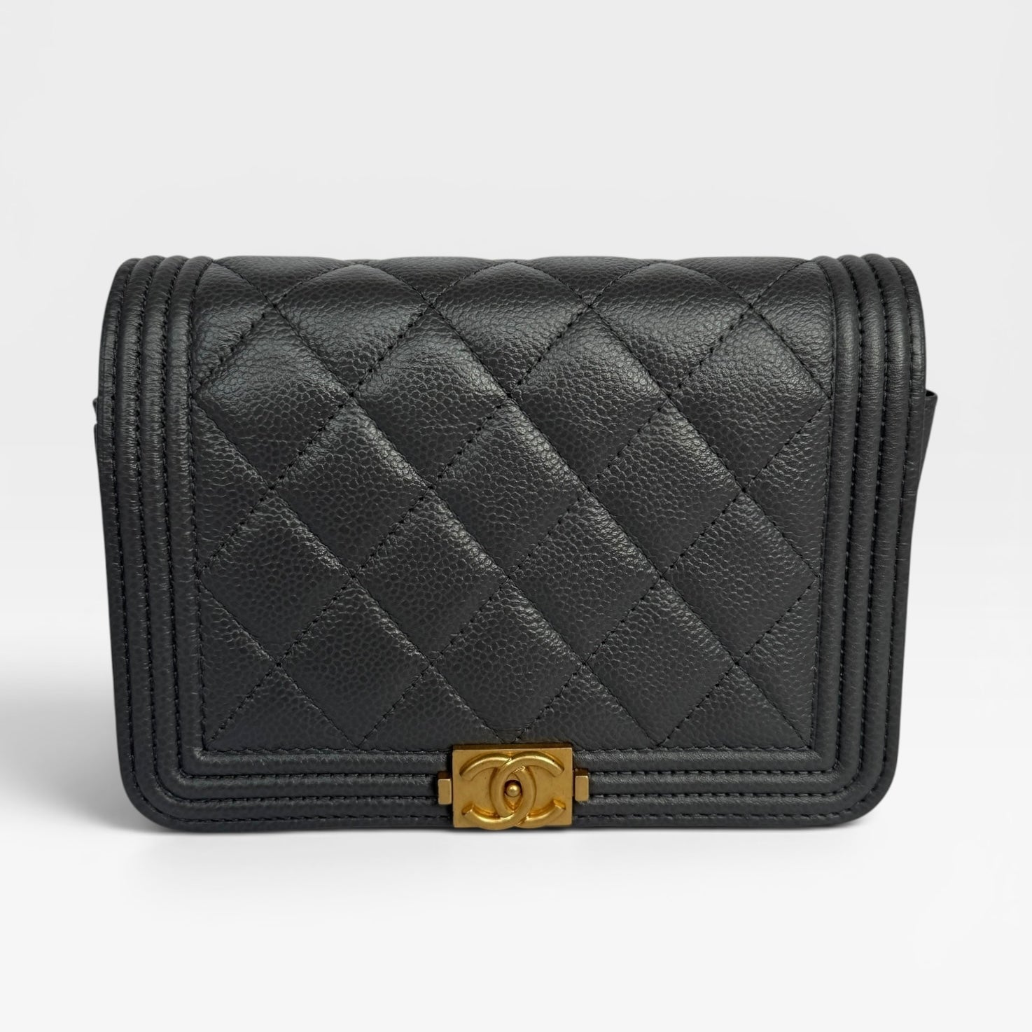 Chanel Boy Square Wallet On Chain In Grey Caviar Gold Hardware