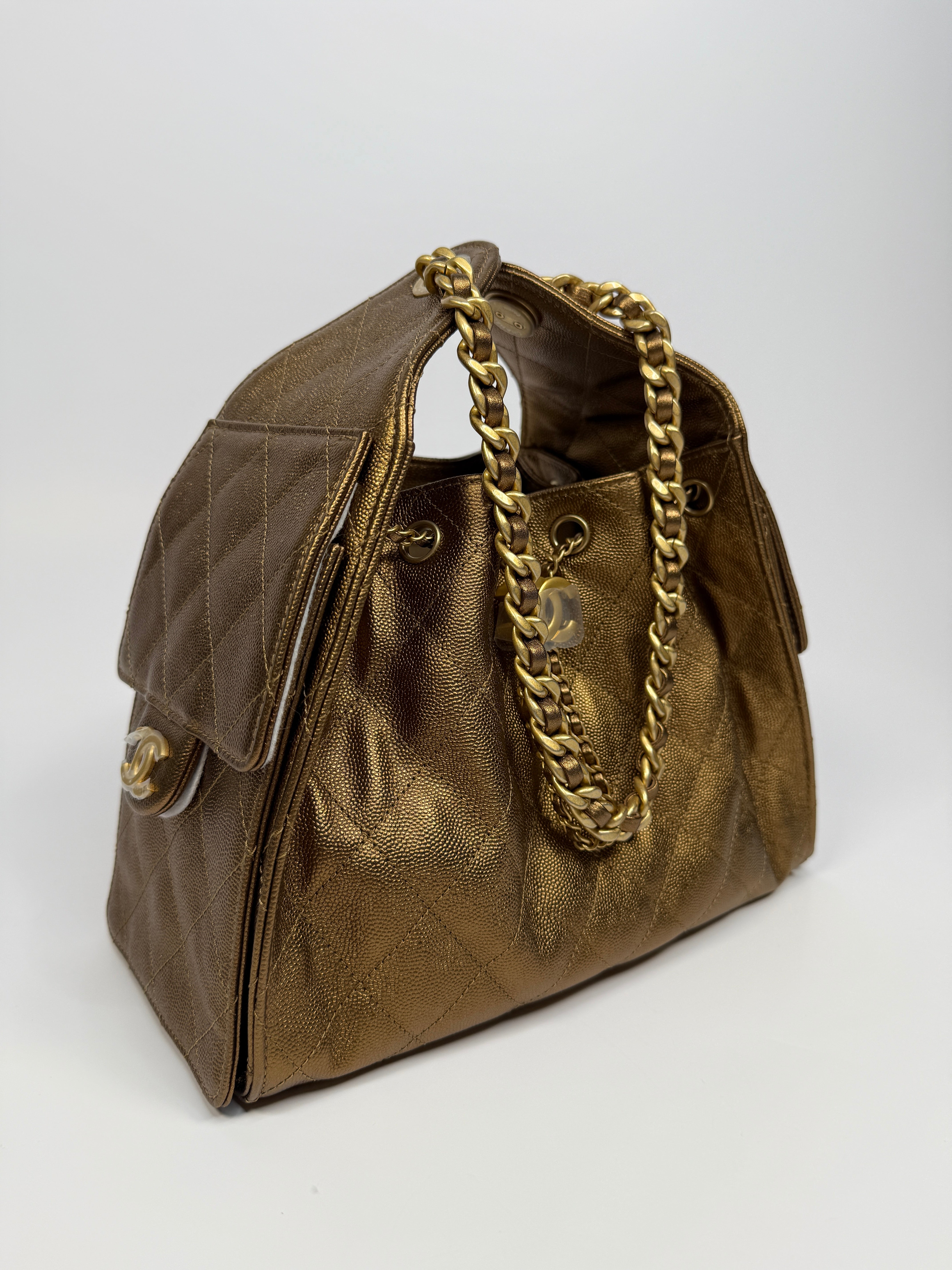 Authentic pre loved Chanel 25 Small In Metallic Bronze Caviar Leather With Gold hardware