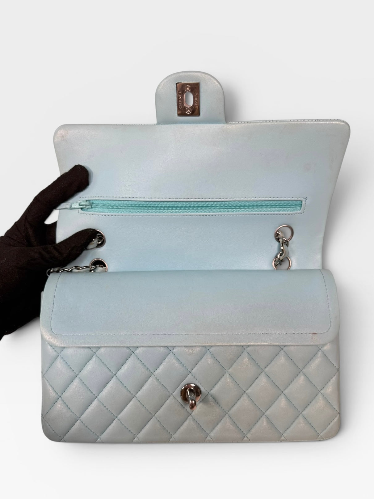 Chanel Medium Double Classic Flap Light Blue Silver Hardware. Authentic and preloved in good condition.