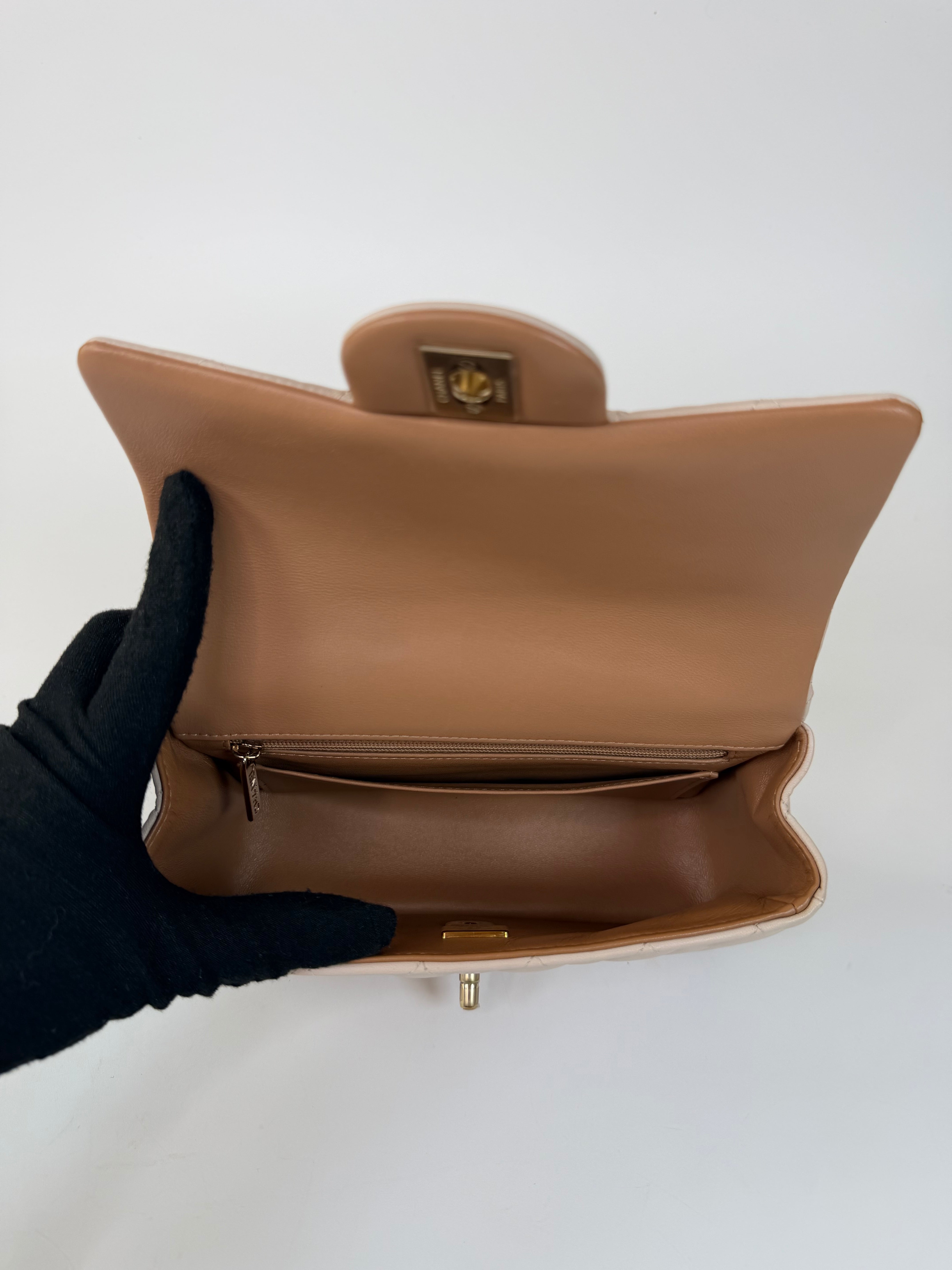 Chanel Mini Rectangle Top Handle Light Beige Lambskin Pale Gold Hardware in excellent condition 100% authentic and preloved