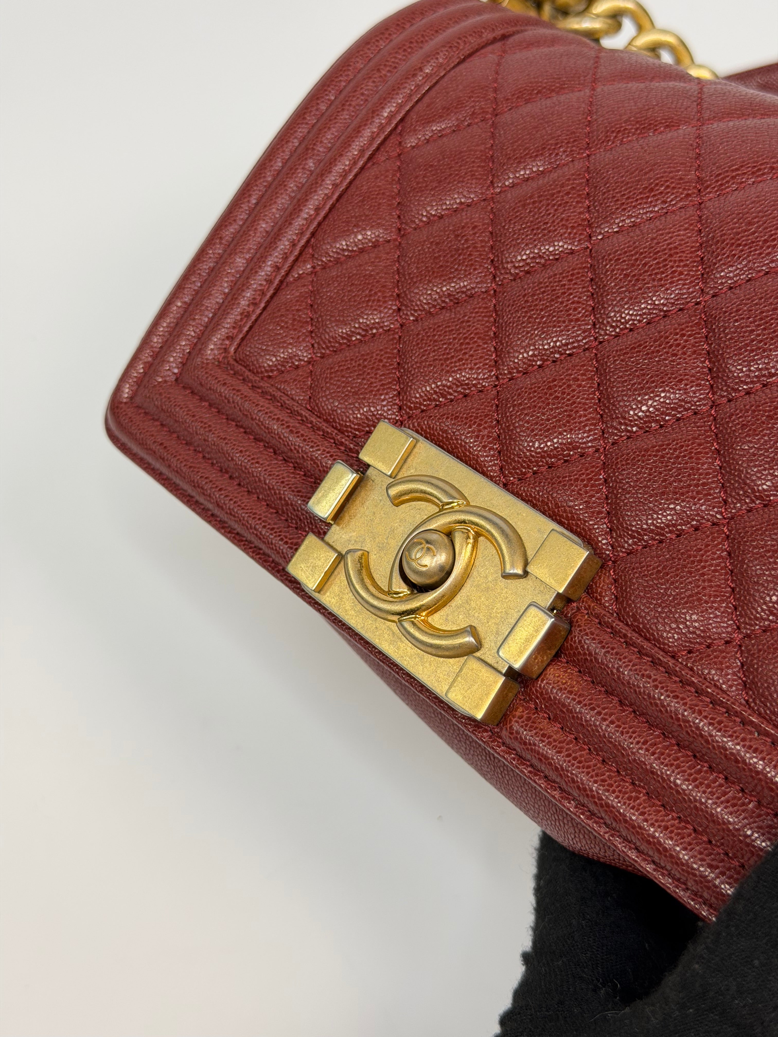 Chanel Le Boy Bag In Burgundy Caviar Leather Gold Hardware. Authentic and preloved in excellent condition.
