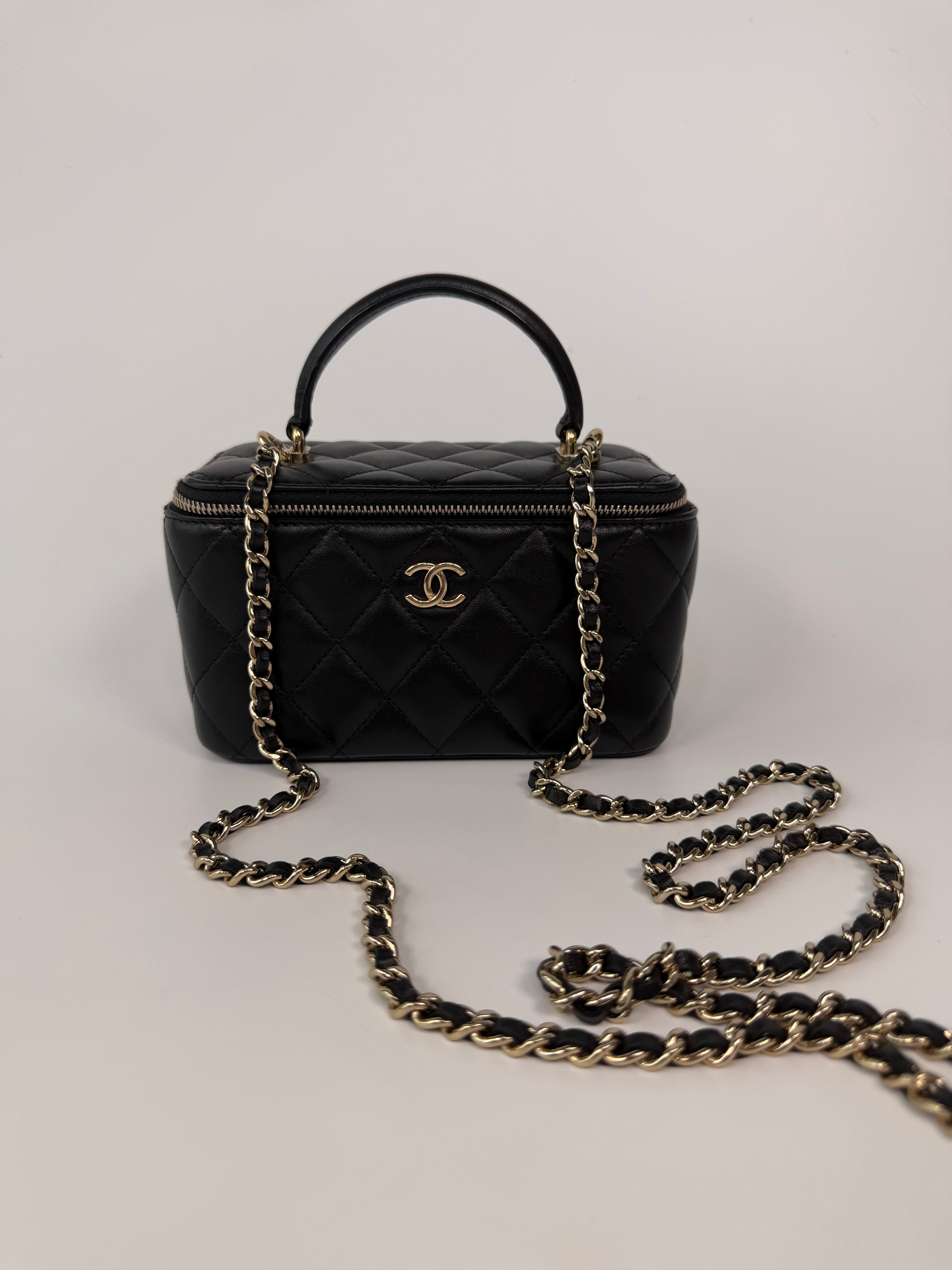 Chanel Vanity Top Handle In Black Lambskin With Pale Gold Hardware