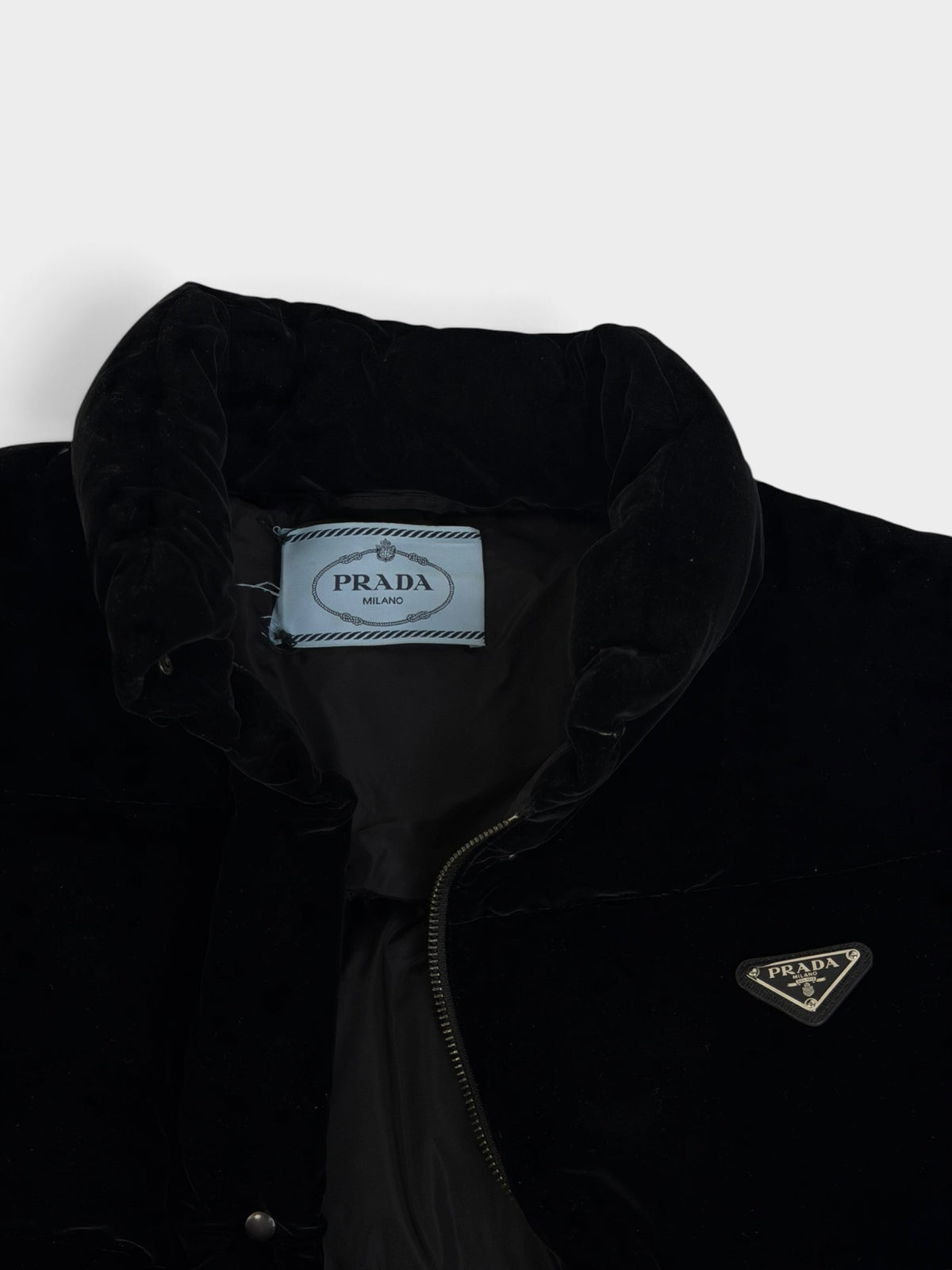 Prada Down-Filled Puffer Jacket In Black Velvet (Size 44/UK 12) 100% authentic and preloved in excellent condition