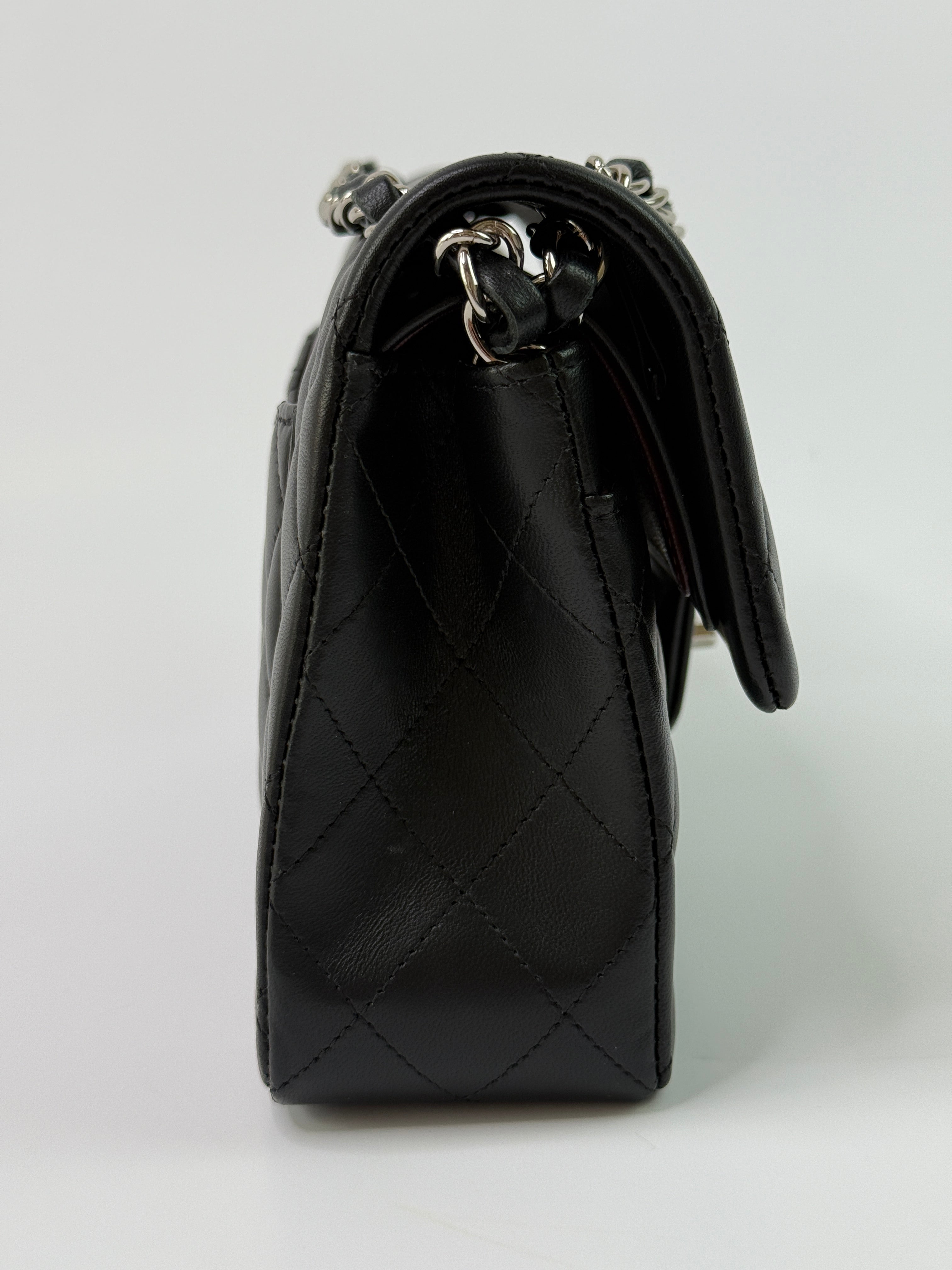 Chanel Small Classic Double Flap In Black Lambskin Leather With Silver Hardware
Pre Loved & Authentic 