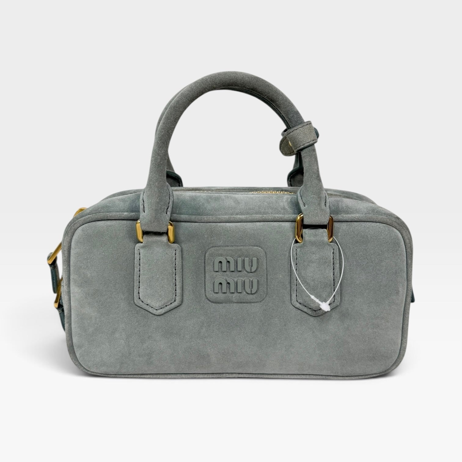 Miu Miu Arcadie Padded Top Handle In Powder Blue Suede Gold Hardware. 100% authentic and preloved in new & unused condition.