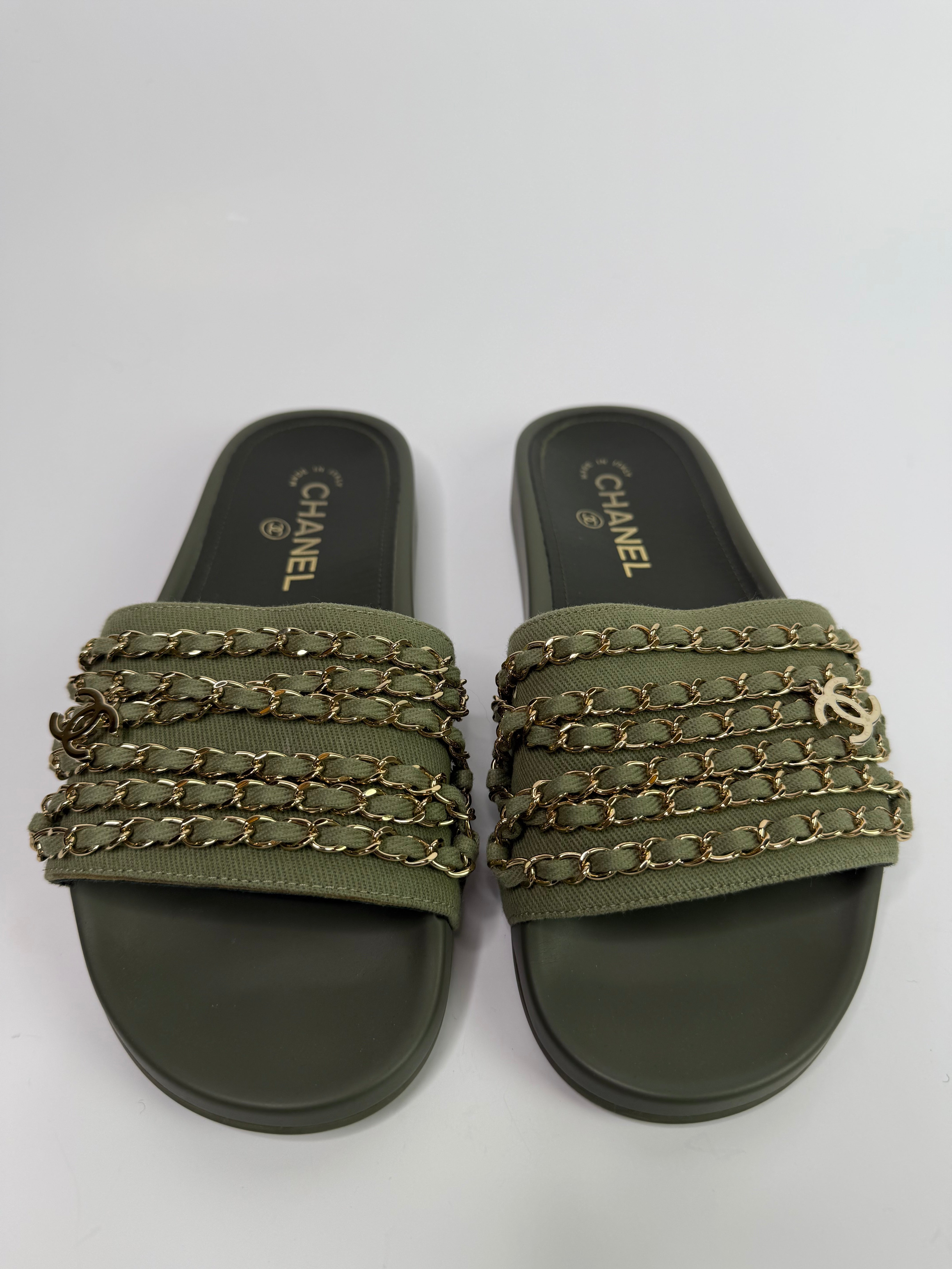 Chanel Chain Embellished Canvas CC Flat Slides  (Size 38/UK 5)