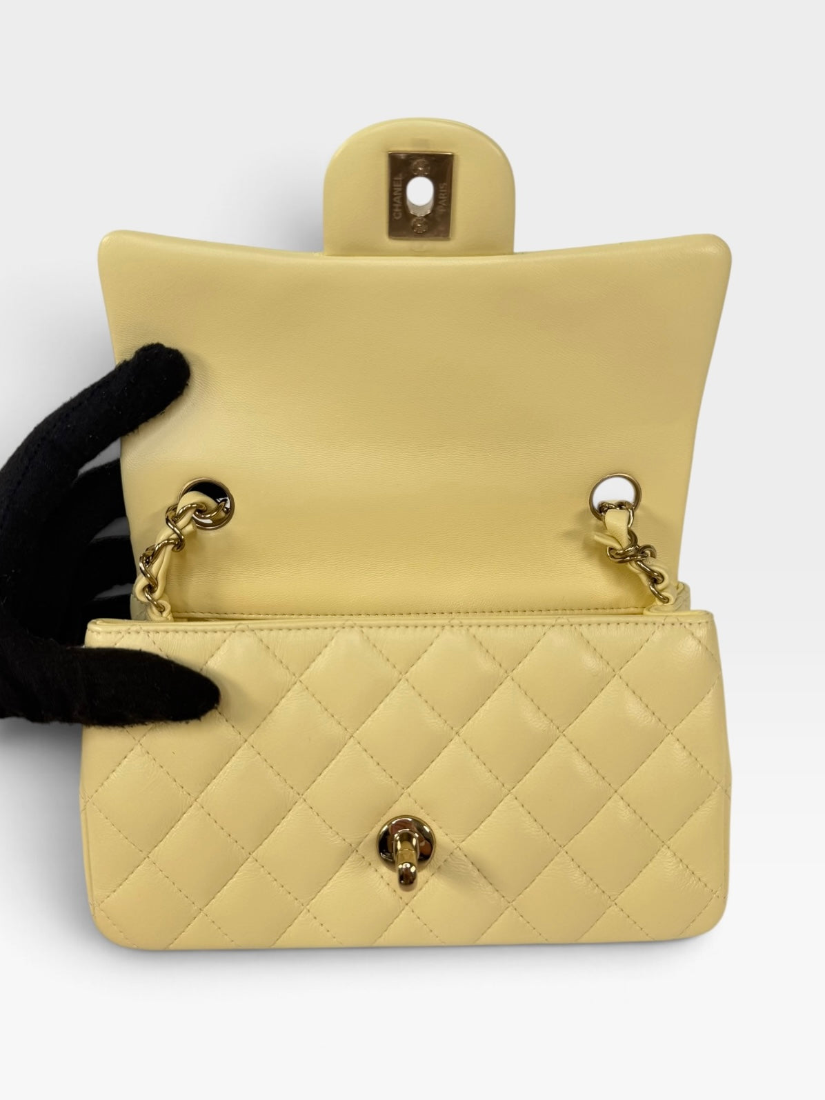 Chanel Mini Rectangle In Yellow Lambskin Leather With Gold Hardware. 100% authentic and preloved in excellent condition