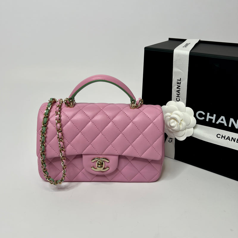 Chanel Mini Top Handle In Pink/Light Green