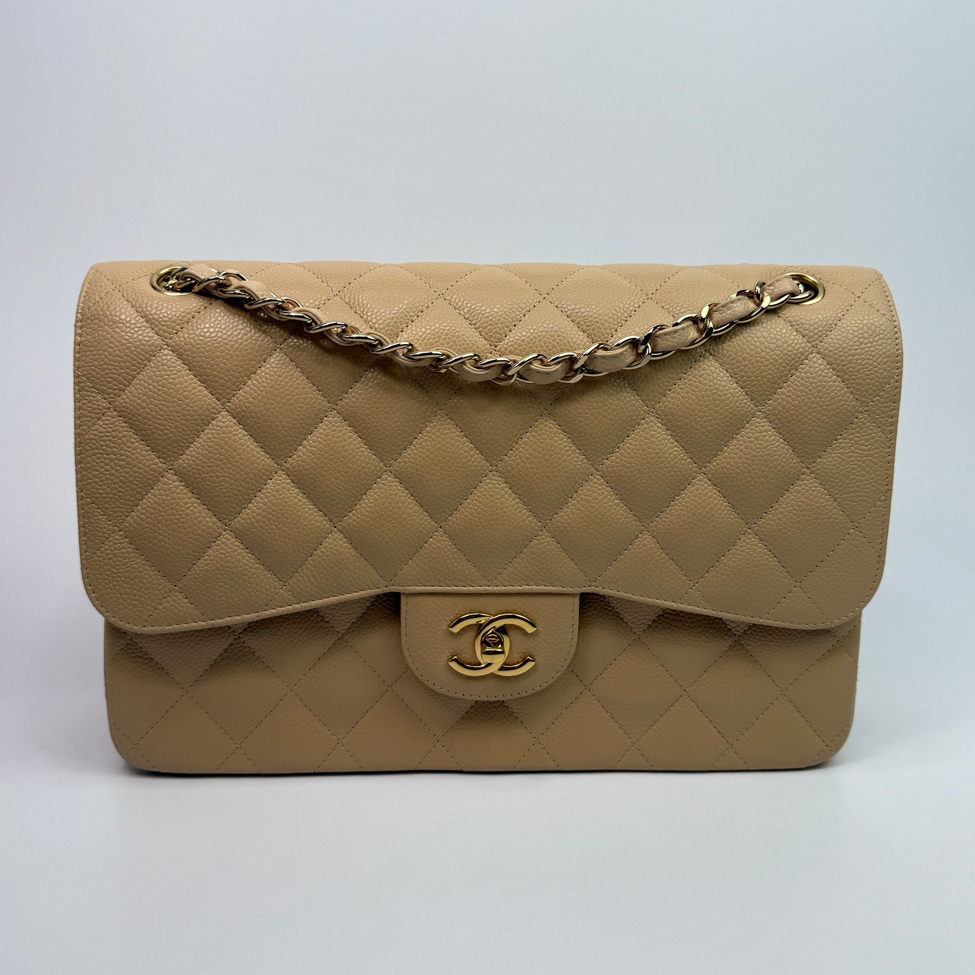 Chanel Jumbo Classic Double Flap In Beige Caviar Leather with GHW