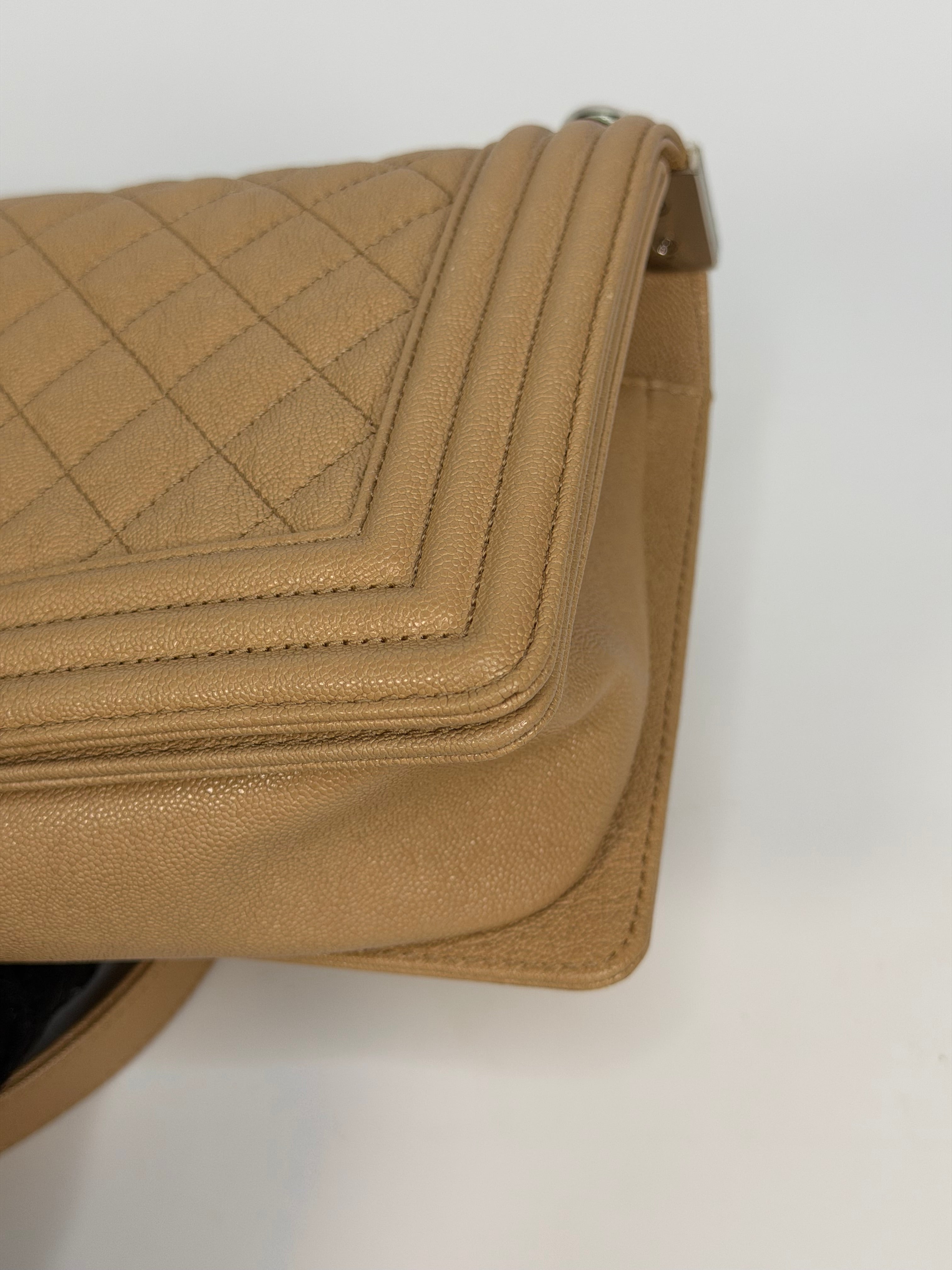 Chanel Medium Boy Bag Beige Caviar With Silver Hardware. Authentic and preloved in excellent condition