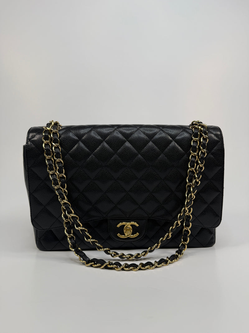 Chanel Maxi Classic Double Flap In Black Caviar Leather With GHW