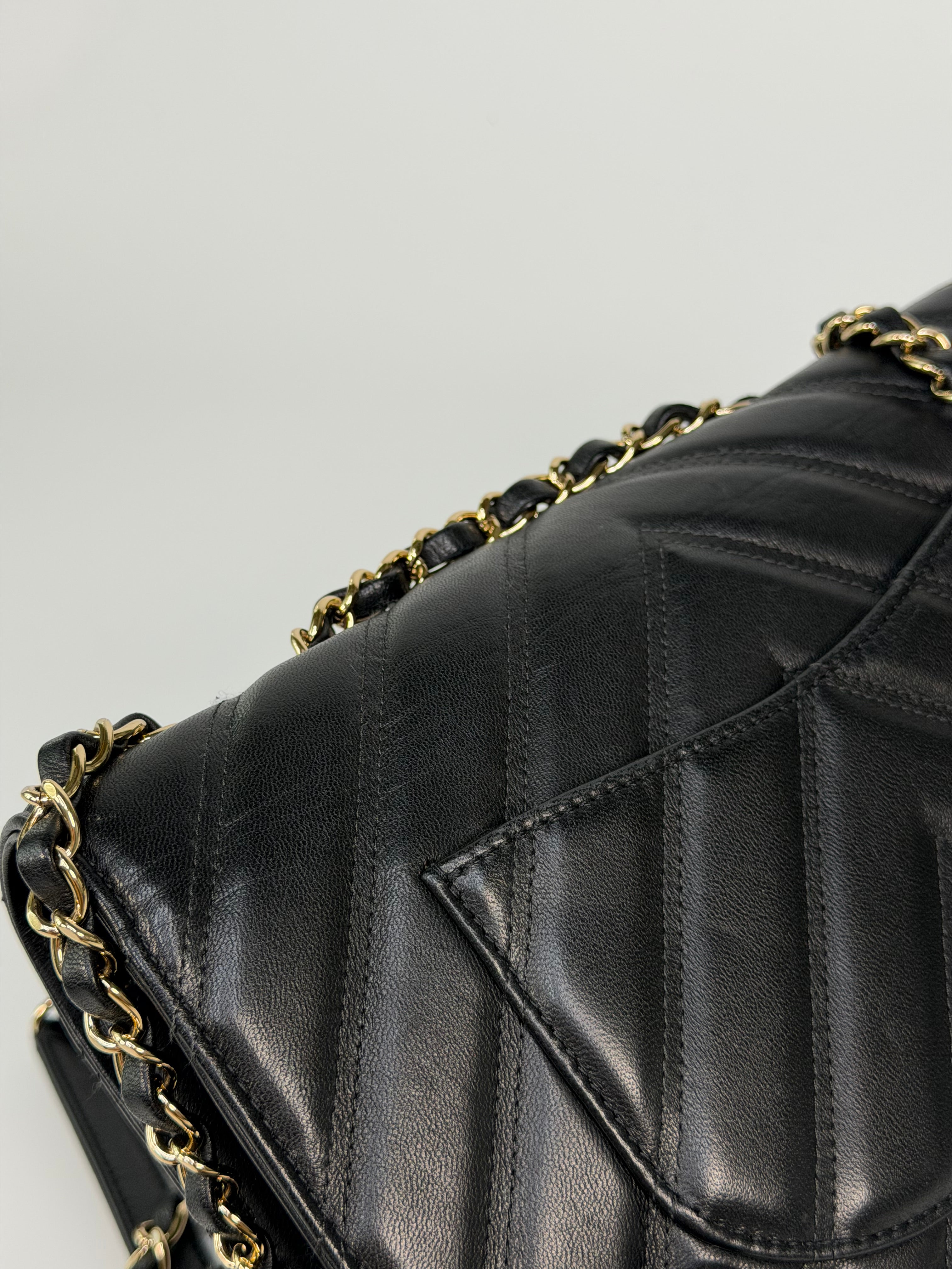 Chanel Chevron Flap In Black Lambskin Leather With Gold Hardware