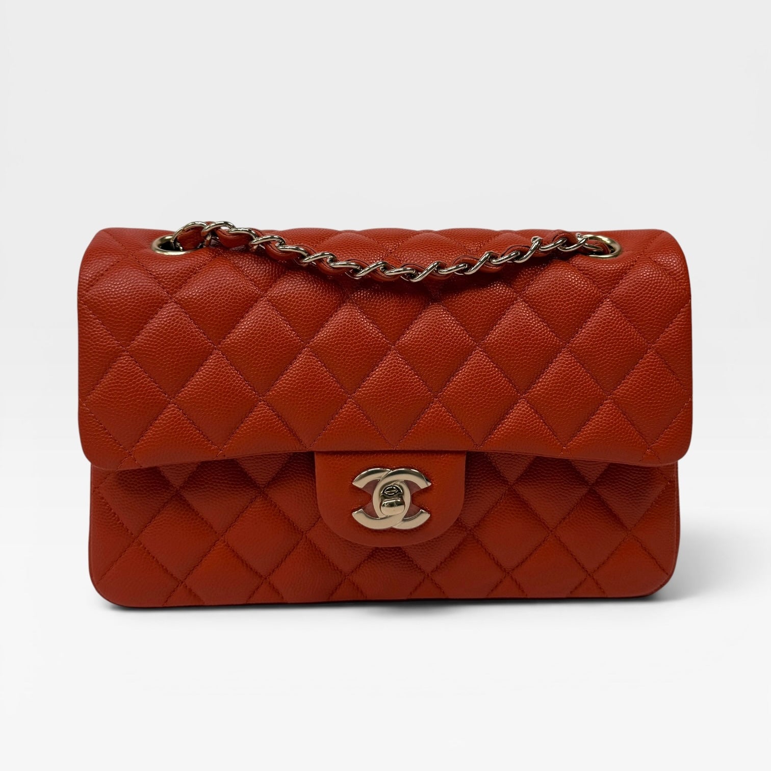 Chanel Small Classic Double Flap In Orange/Red Caviar Leather With PGHW