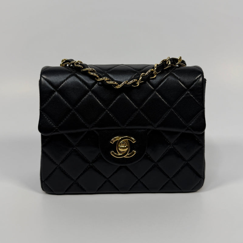 Chanel Black Square Vintage Flap Bag In Lambskin With GHW