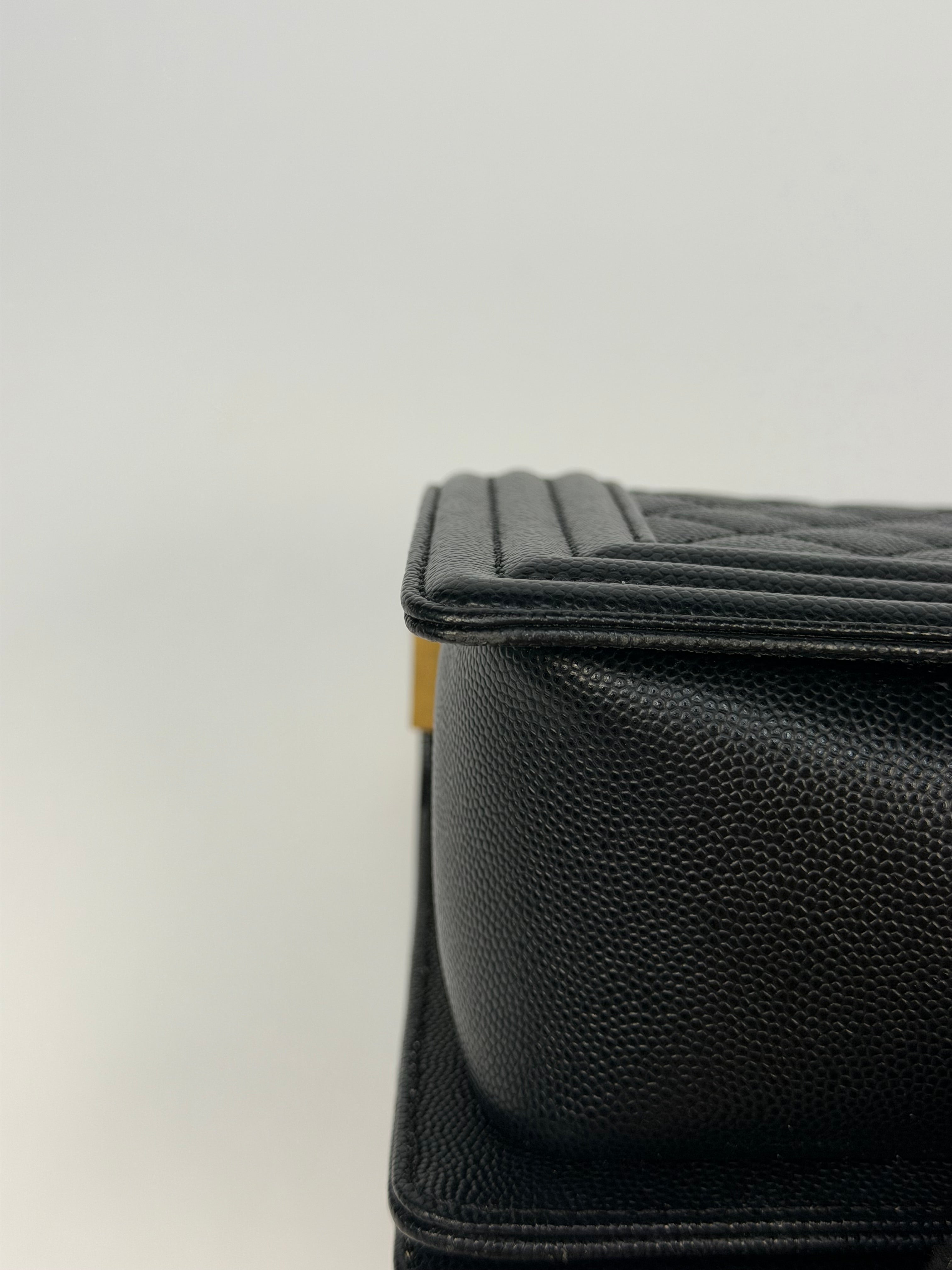  Chanel Boy Bag In Black Caviar Leather With Gold Hardware. Authentic and preloved in excellent condition. Insured next day delivery. Verified by Luxe Cheshire