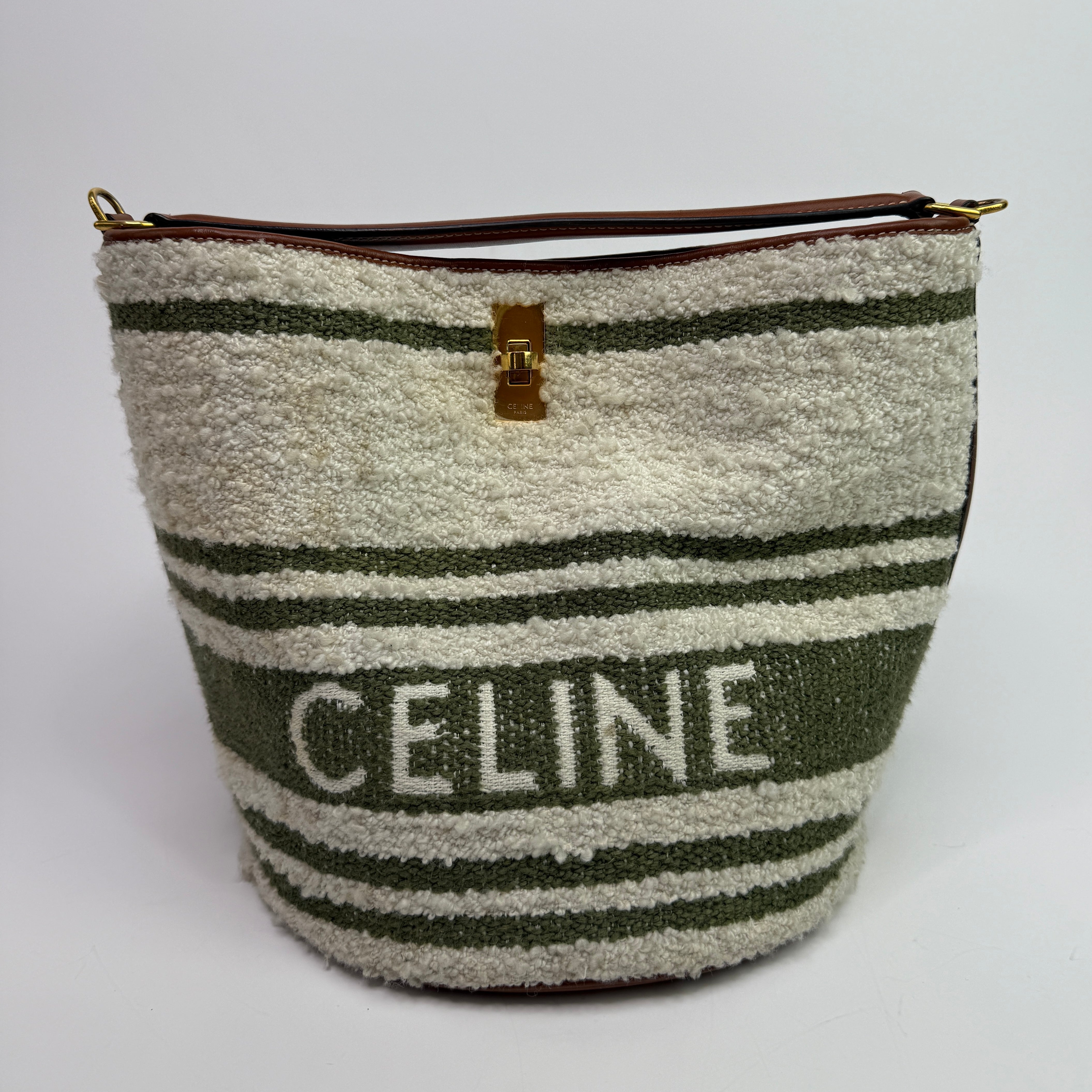 Celine Striped Tweed and Leather 16 Bucket Bag