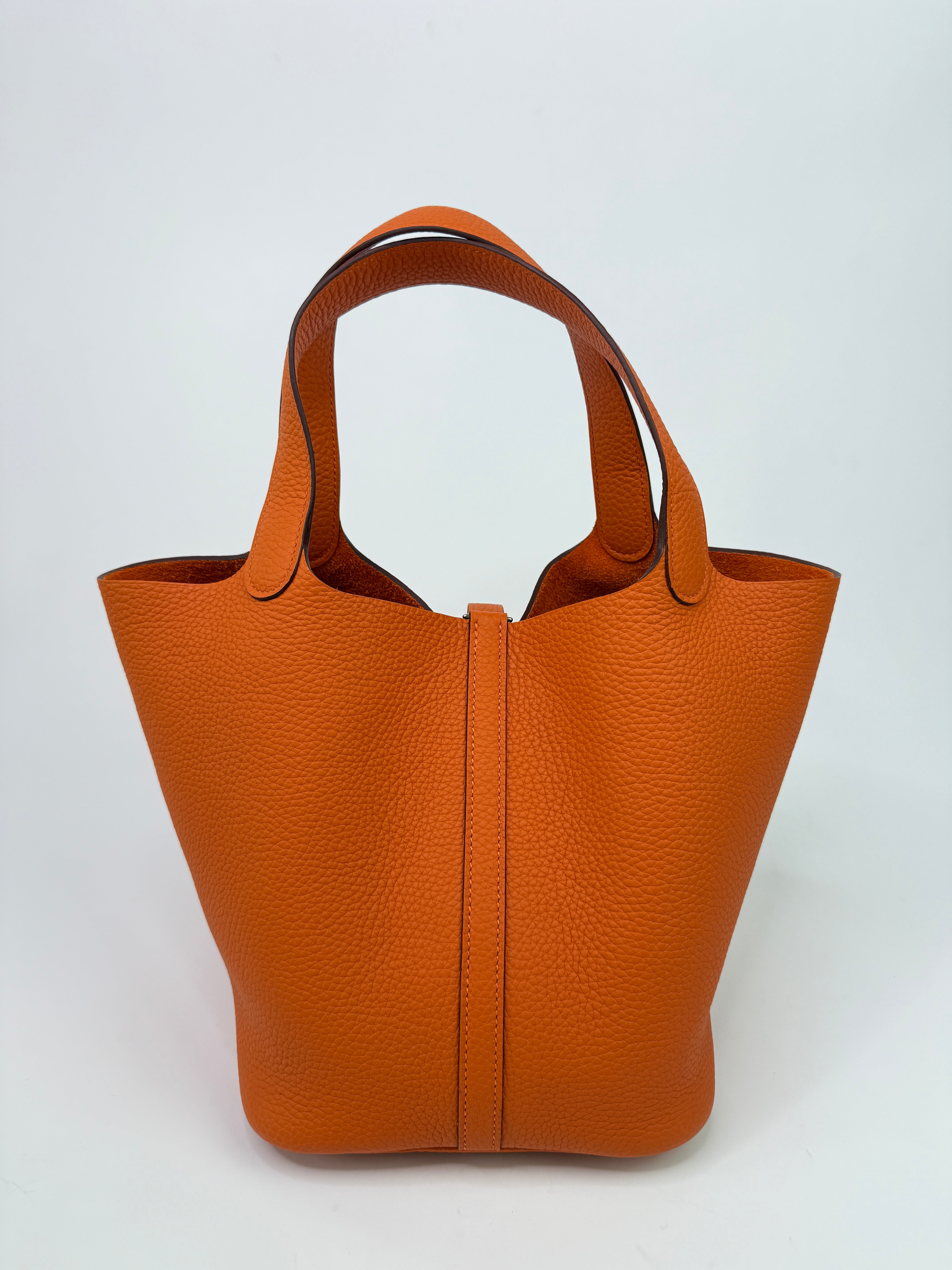 Authentic Pre Loved Hermès Picotin 22 In Orange Clemence Leather With Palladium Hardware New & Unused Condition