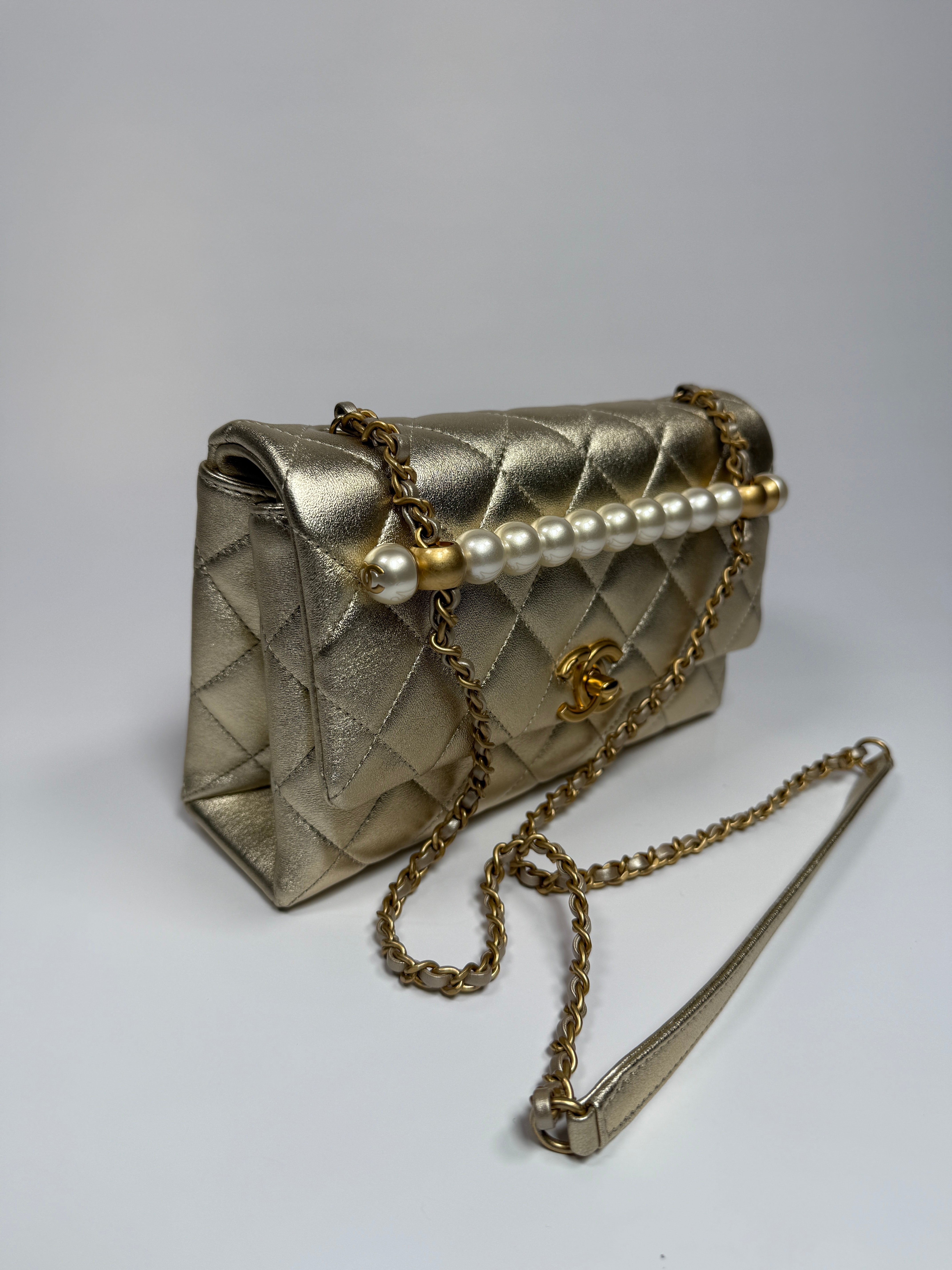 Chanel Mini Pearl Top Handle Flap Bag Metallic Gold Lambskin With GHW