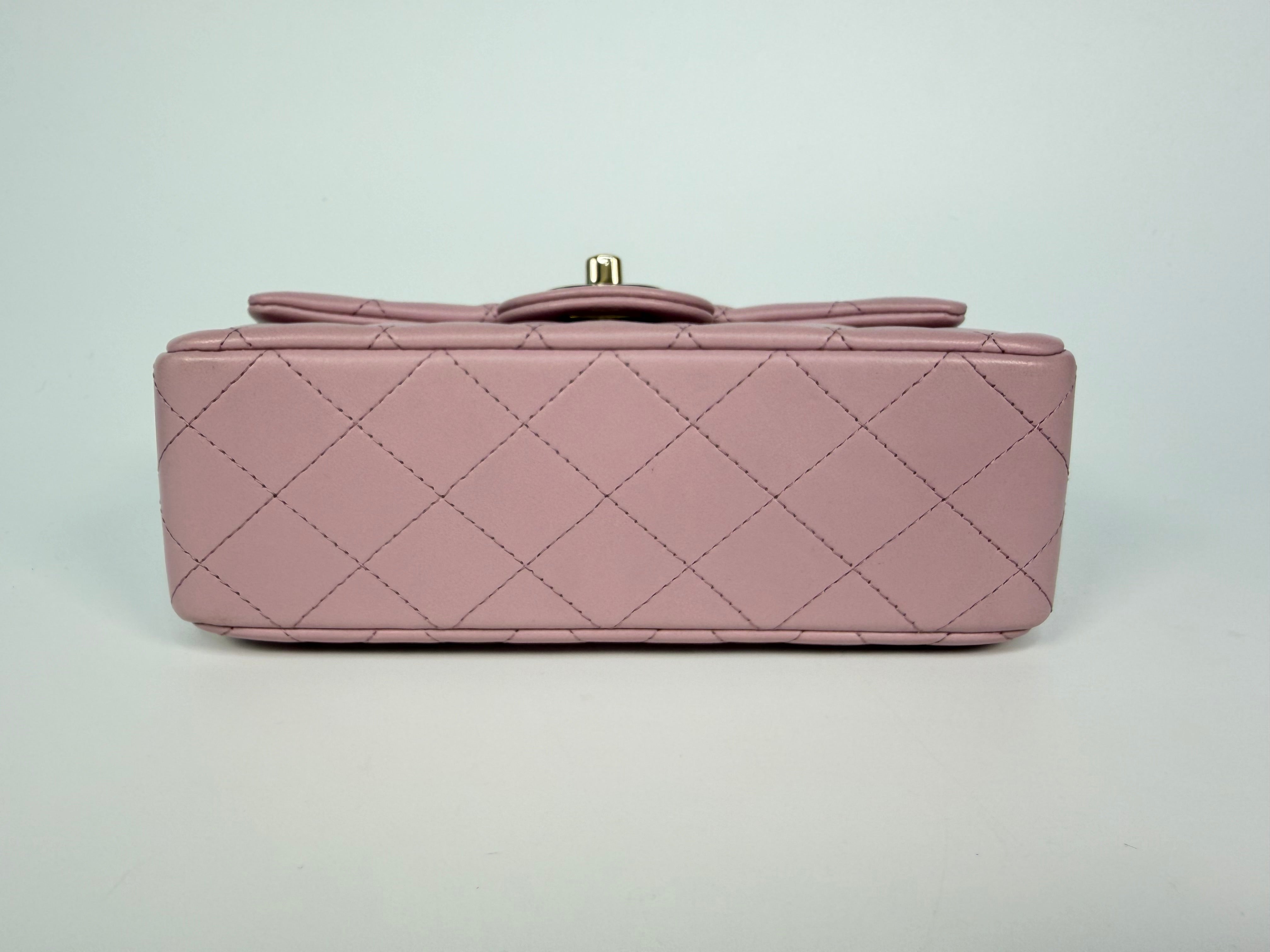 Chanel Mini Rectangle Top Handle In Pink Lambskin Leather With Pale Gold Hardware. 100% authentic and preloved in excellent condition