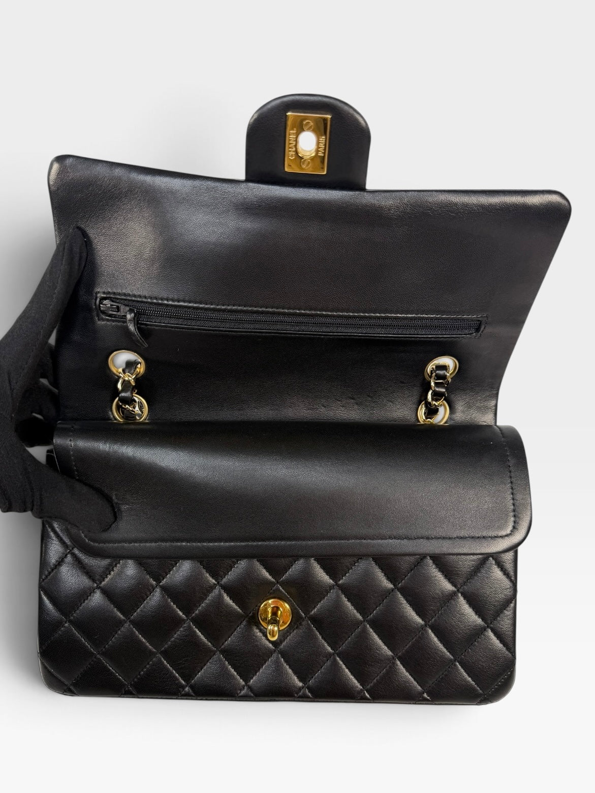 Chanel Medium Classic Double Flap In Black Lambskin Leather With Gold Hardware. 100% authentic and preloved in excellent condition