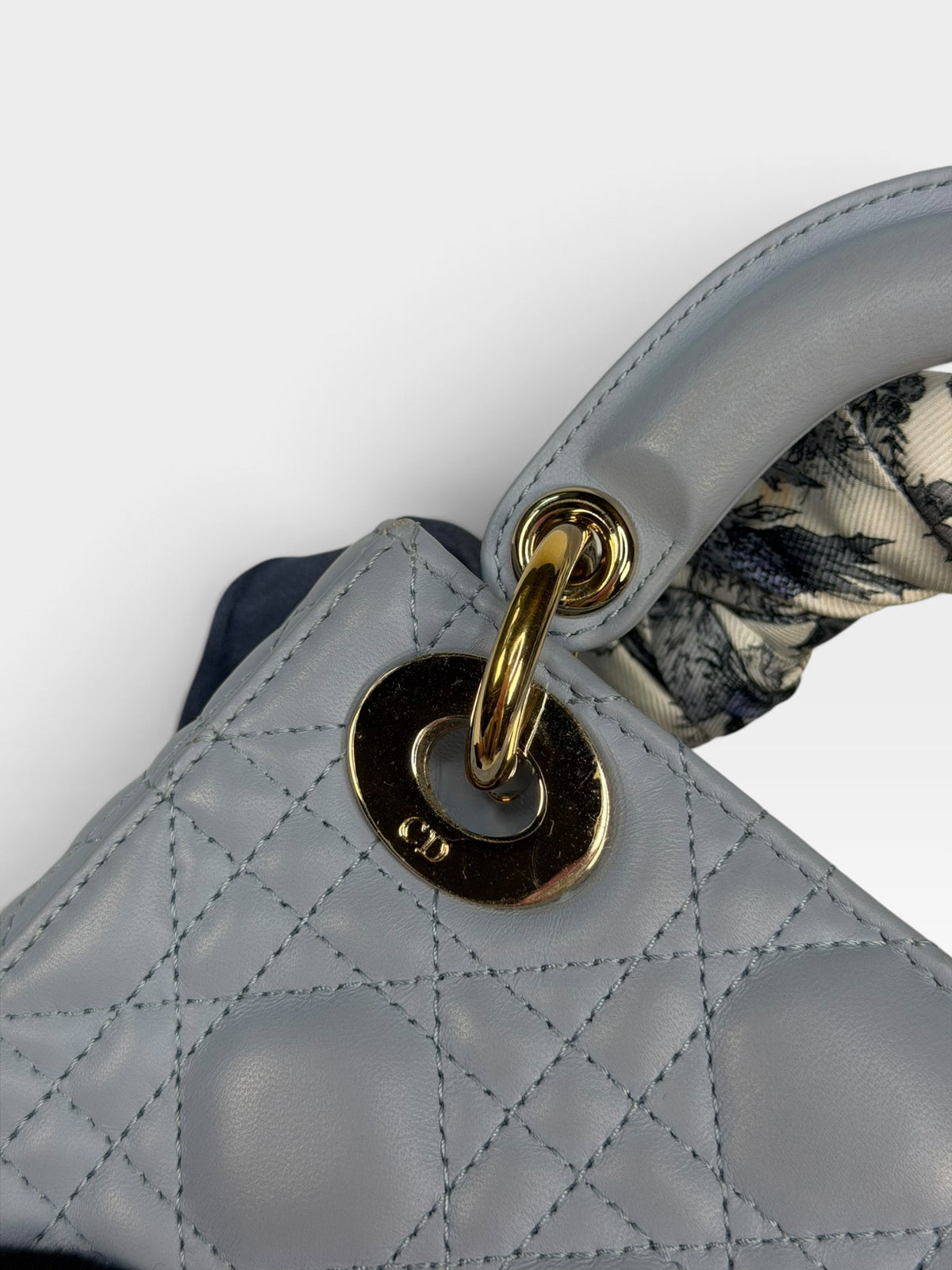 Christian Dior Mini Lady Dior In Pale Blue Cannage Leather With Pale Gold Hardware. 100% Authentic and Preloved in excellent condition. 100% Guarantee