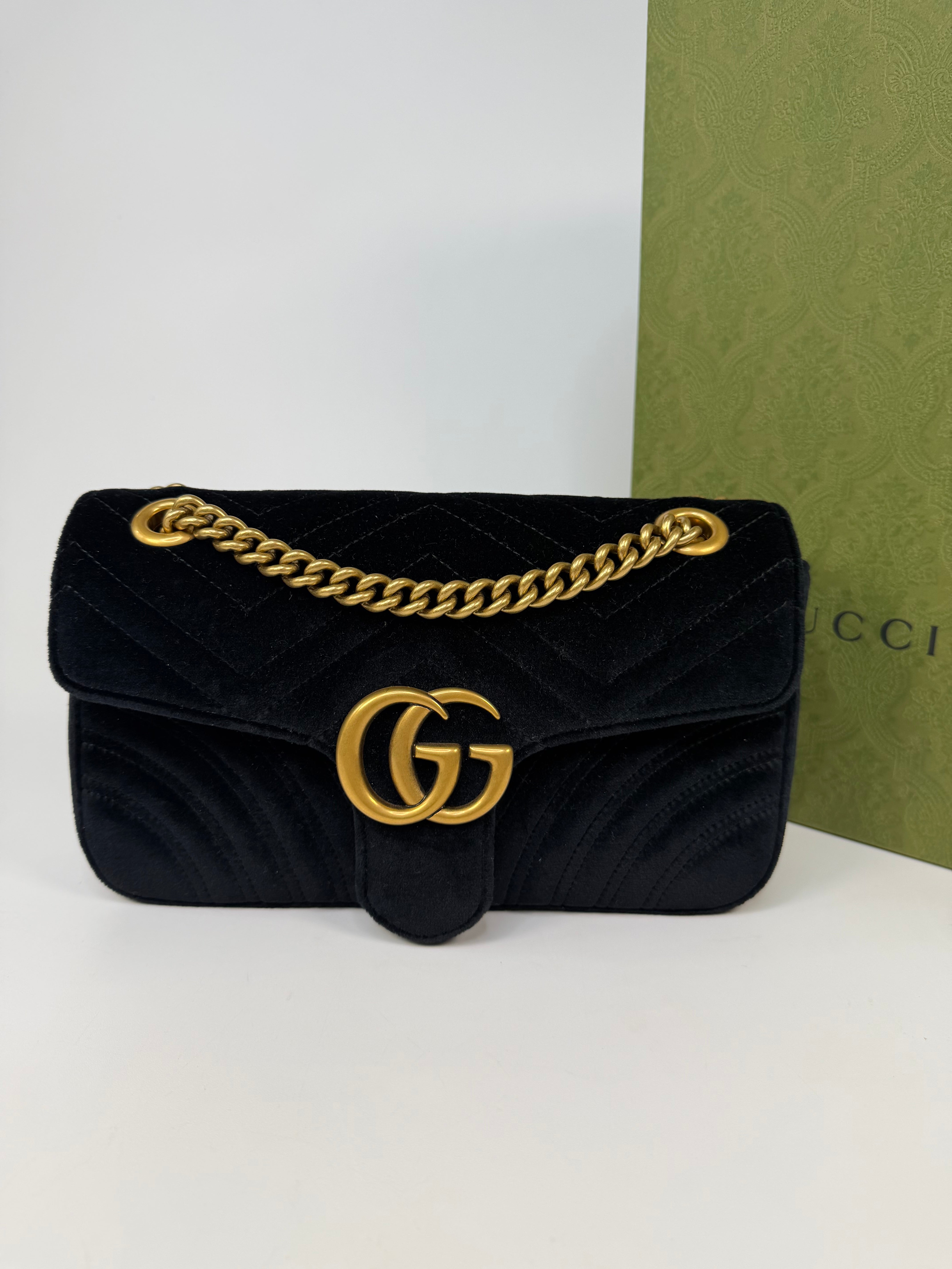 Authentic pre-loved Gucci Marmont In Black velvet With Gold Hardware new/unused condition, verified by Luxe Cheshire. Trusted designer resale.