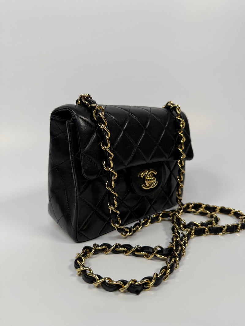 Chanel Black Square Vintage Flap Bag In Lambskin With GHW