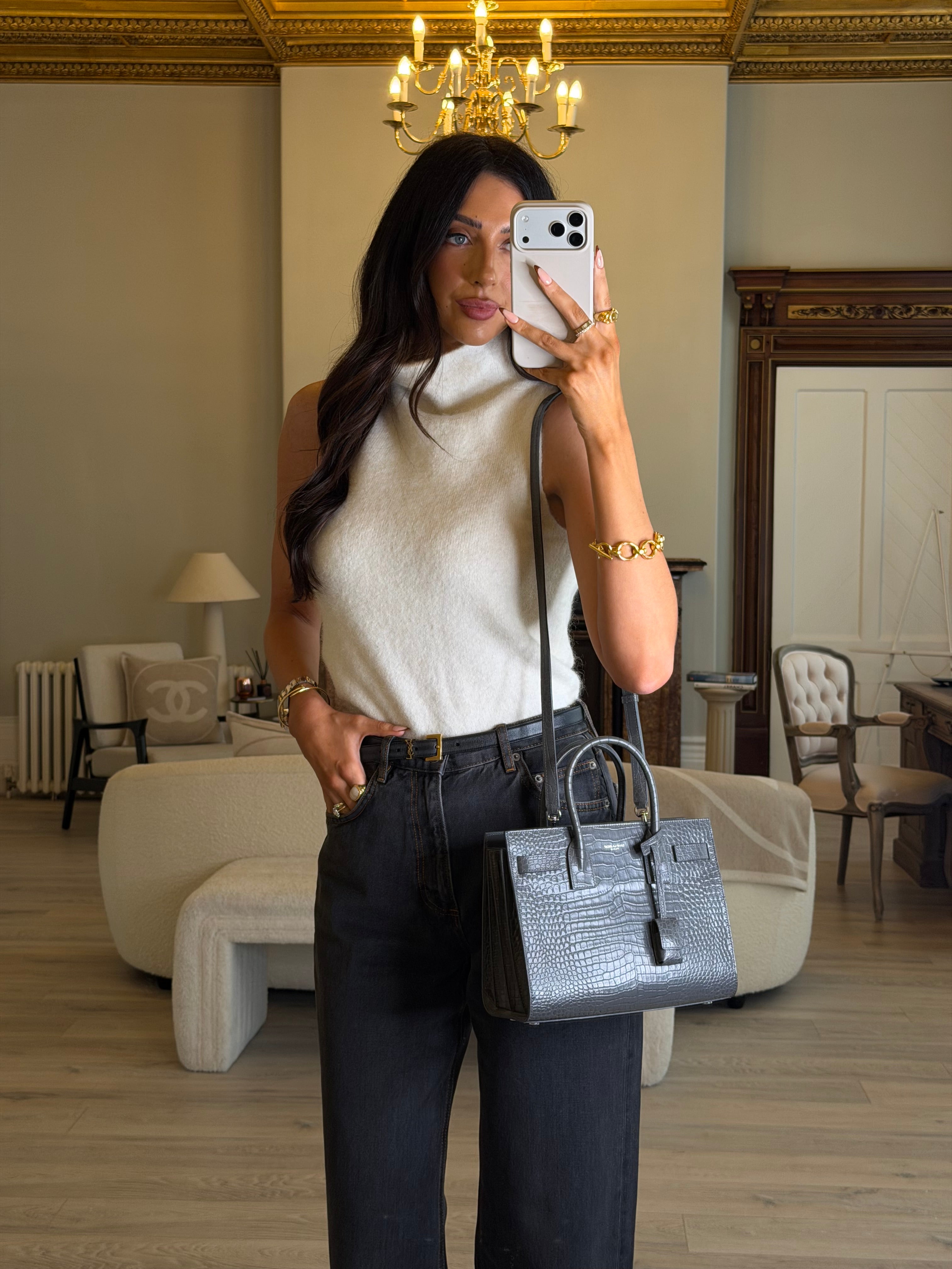 Saint Laurent Small Sac De Jour In Grey Croc Embossed Leather With Silver hardware, authentic and preloved in excellent condition