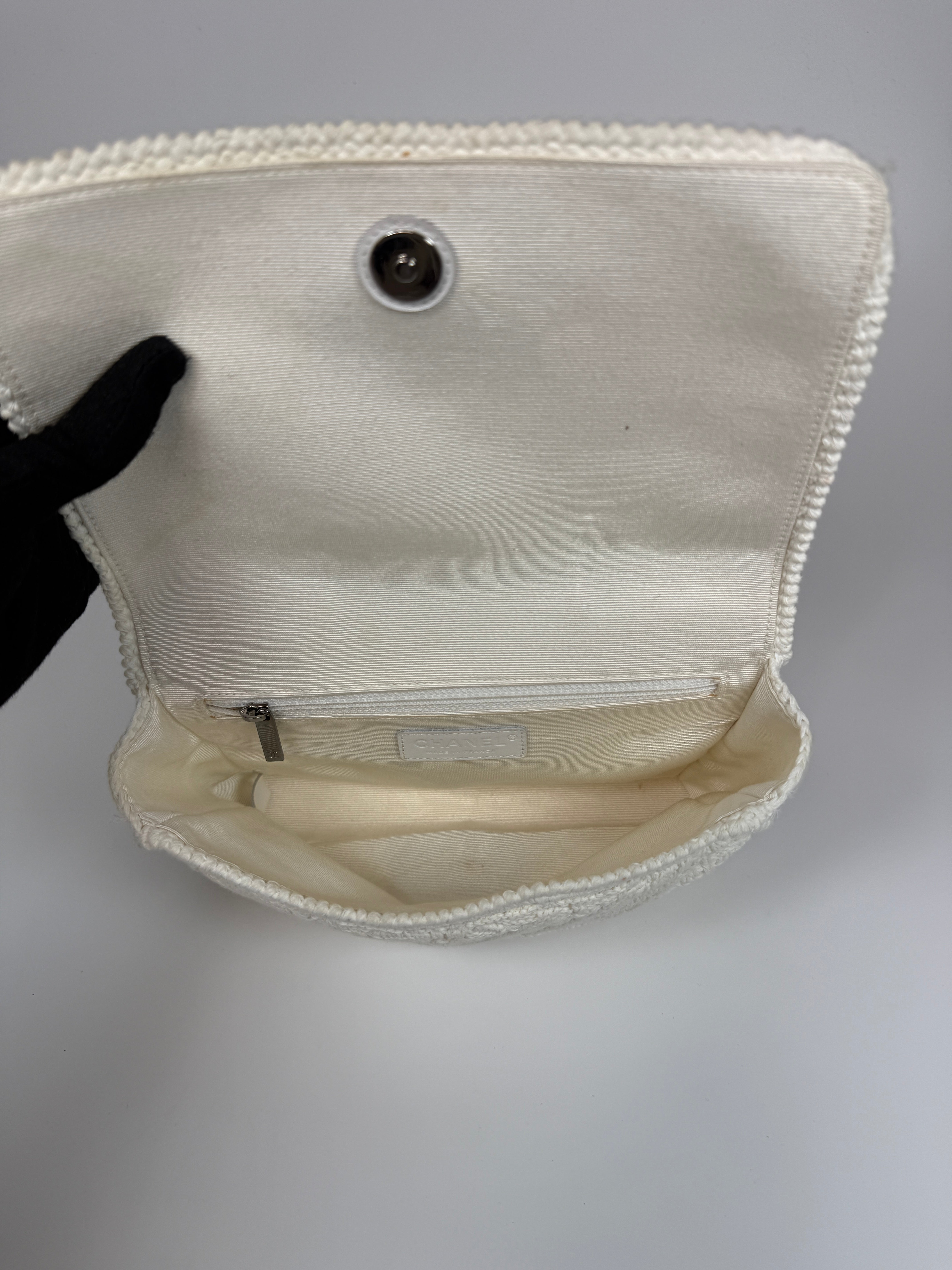 Authentic and preloved Chanel Vintage White Crotchet Flap Bag With Silver hardware. Good condition. 100% Authenticity guarantee 