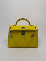 Hermés Mini Kelly ll Sellier Verso Chèvre Mysore in By Jaune Citron and Mushroom With PHW