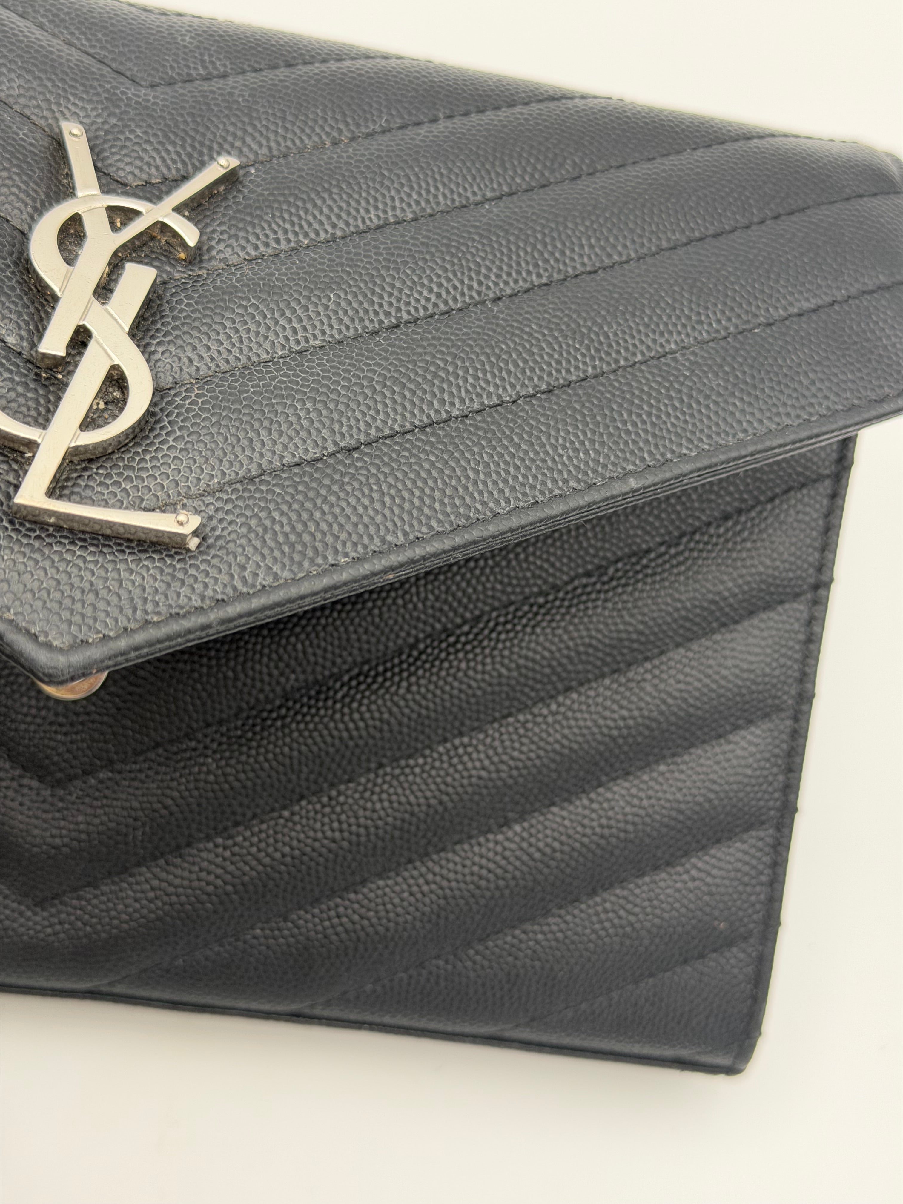 Saint Laurent Cassandre Chain Wallet In Black With Silver Hardware