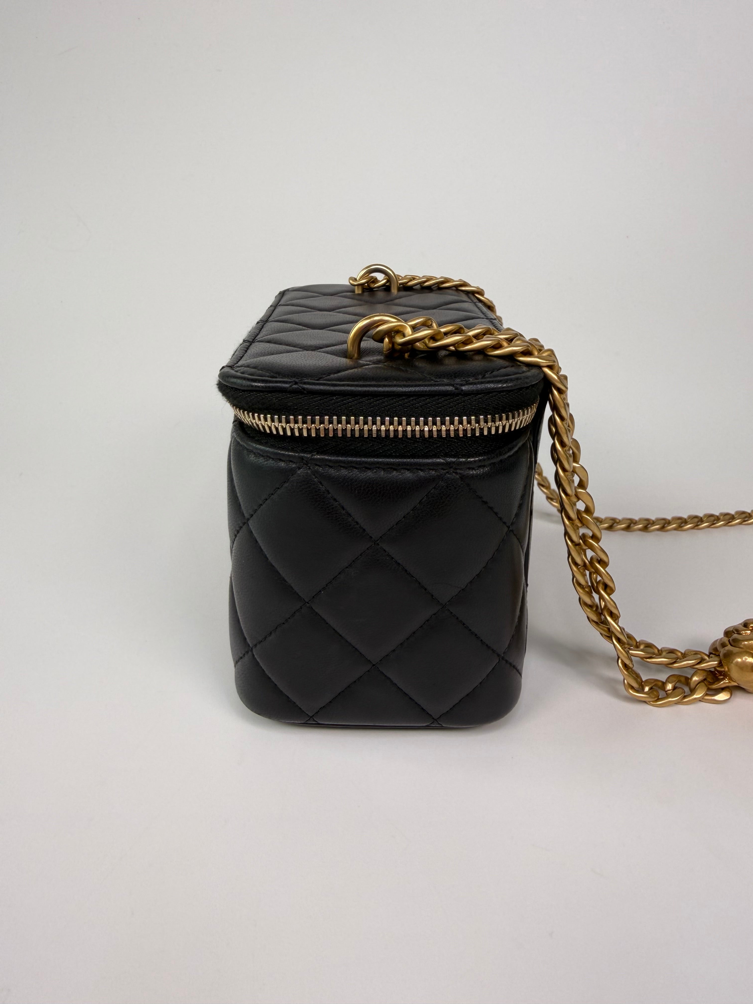Chanel Quilted Pearl Crush Mini Vanity In Black Lambskin Leather With Gold Hardware