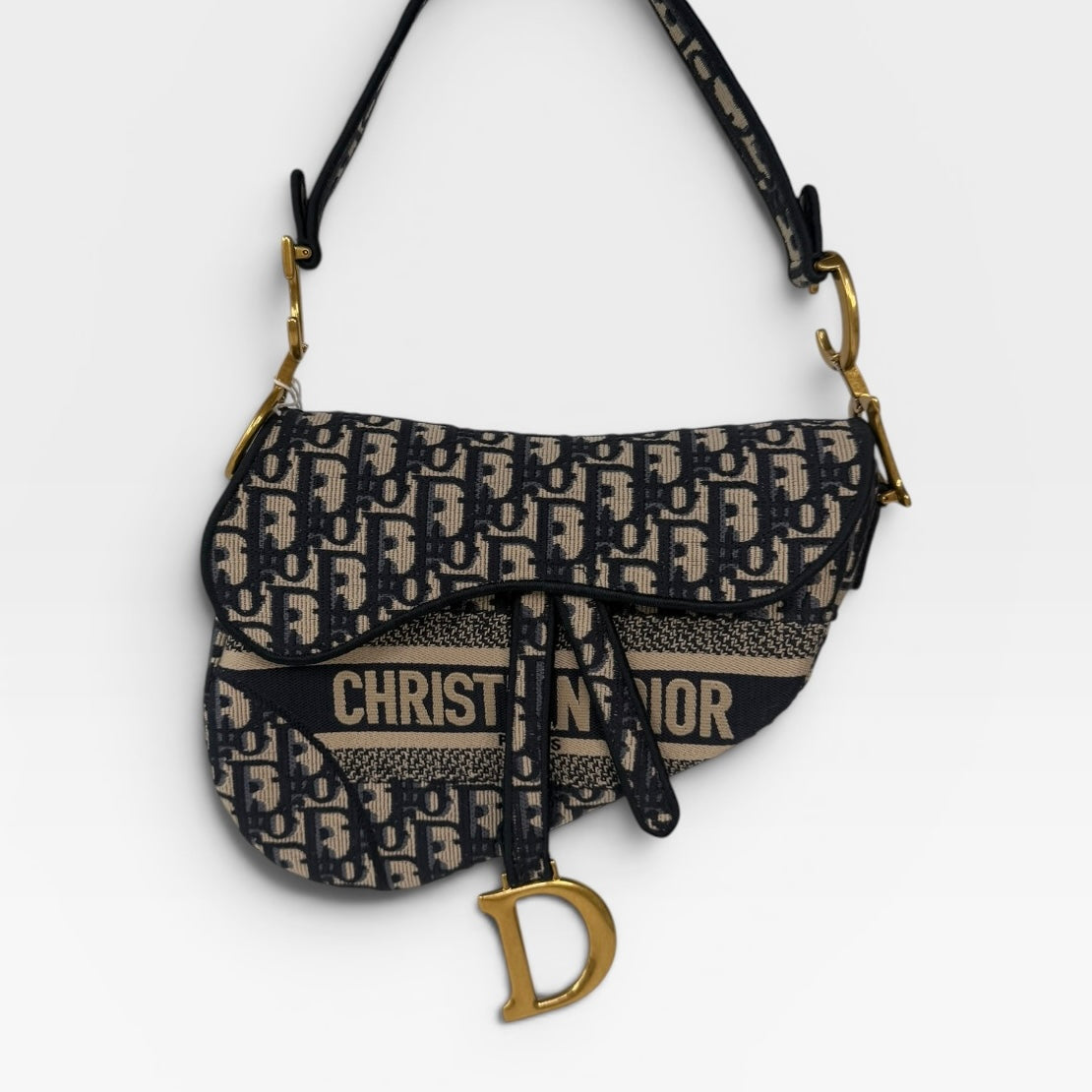 Christian Dior Saddle Bag In Blue Oblique Canvas With Gold Hardware