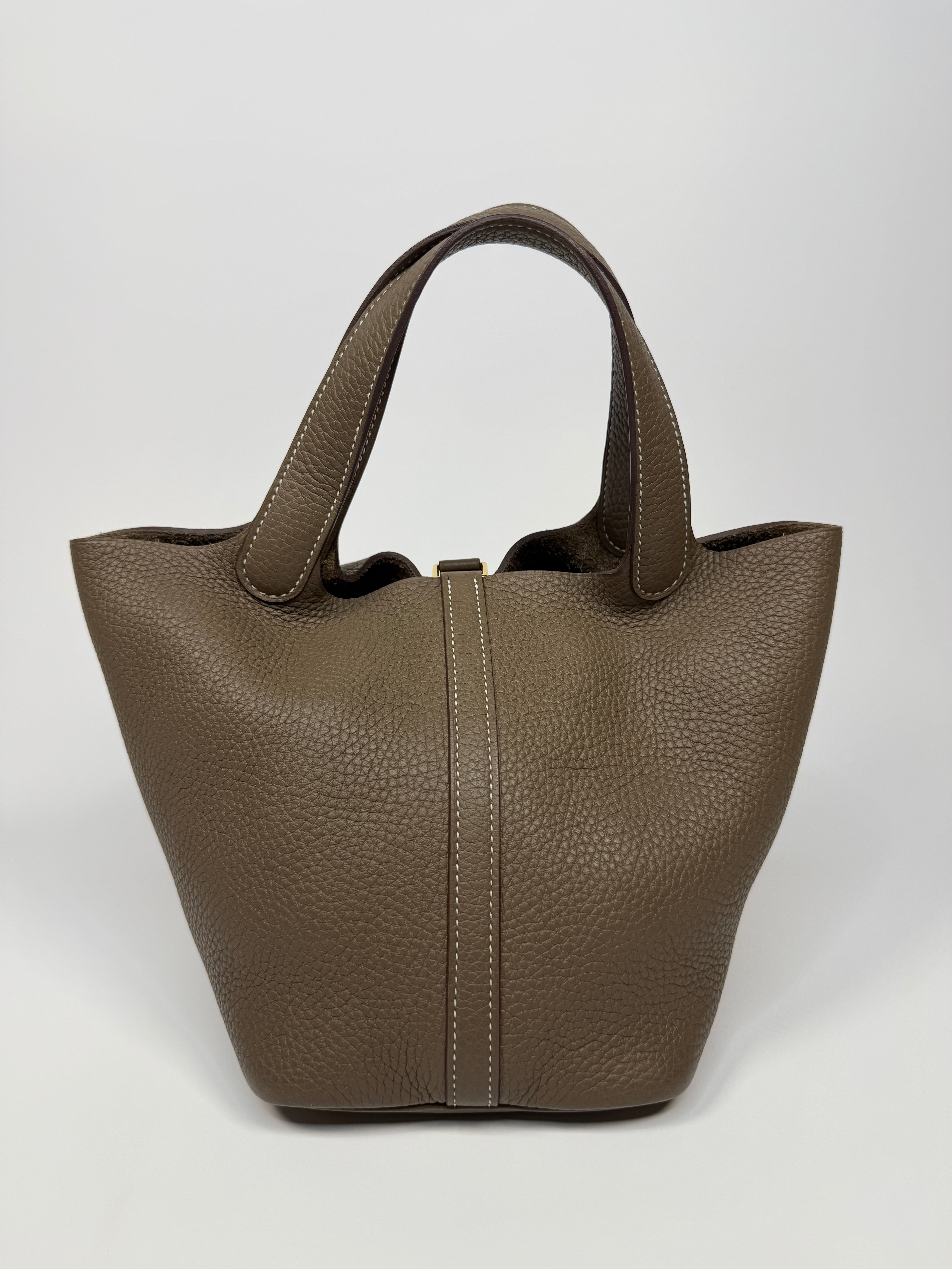 Authentic Pre Loved Hermès Picotin 18 In Etoupe Clemence Leather With Gold Hardware Excellent Condition