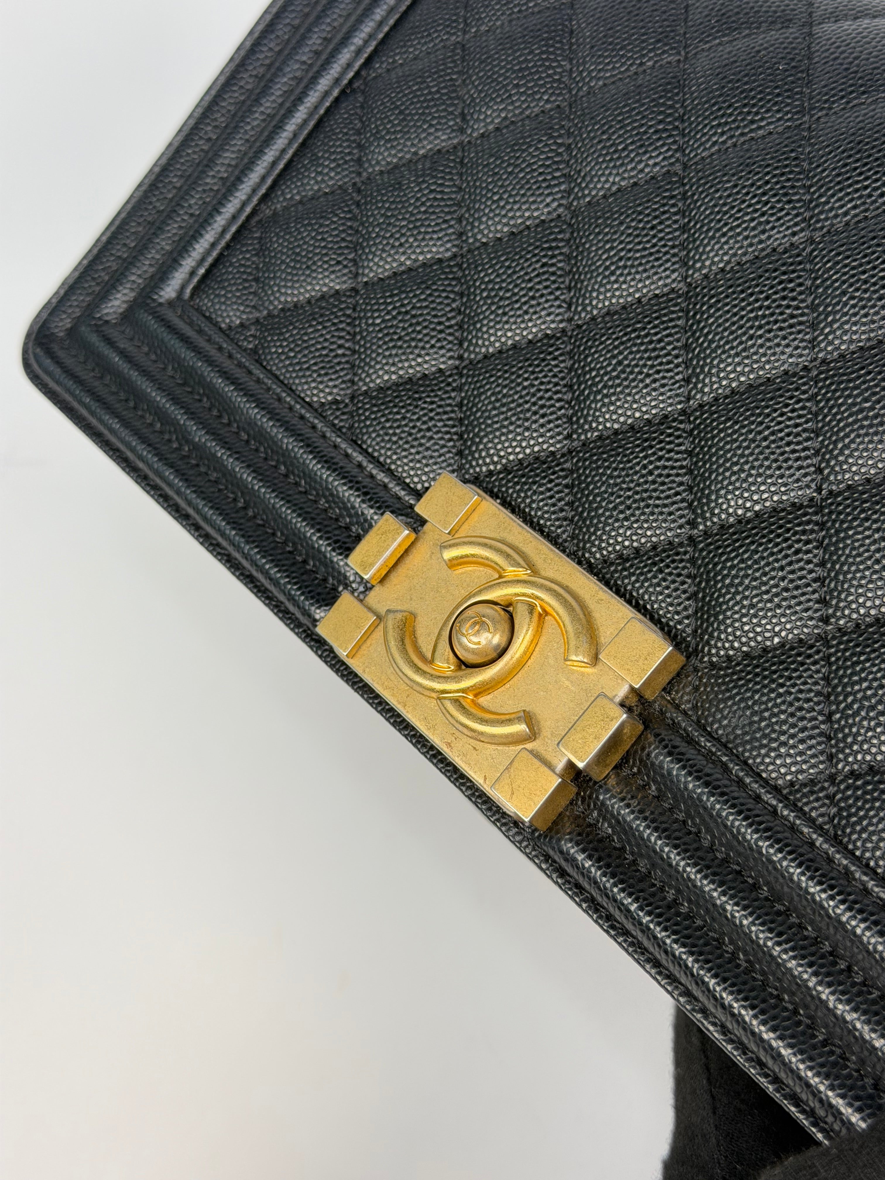  Chanel Boy Bag In Black Caviar Leather With Gold Hardware. Authentic and preloved in excellent condition. Insured next day delivery. Verified by Luxe Cheshire