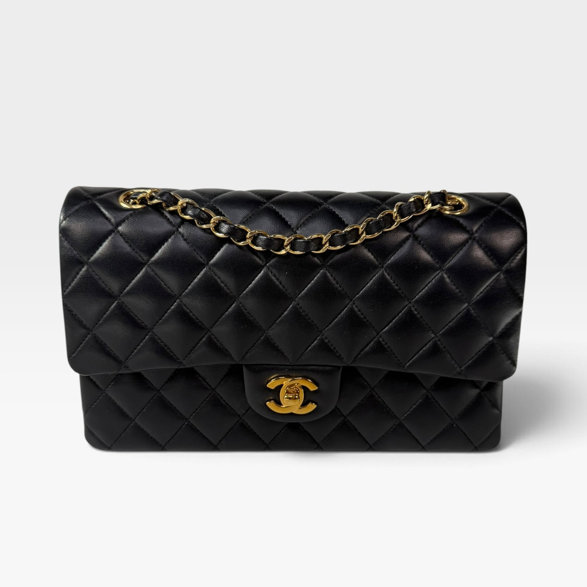 Chanel Medium Classic Double Flap In Black Lambskin Leather Gold Hardware. 100% authentic and preloved in excellent condition 