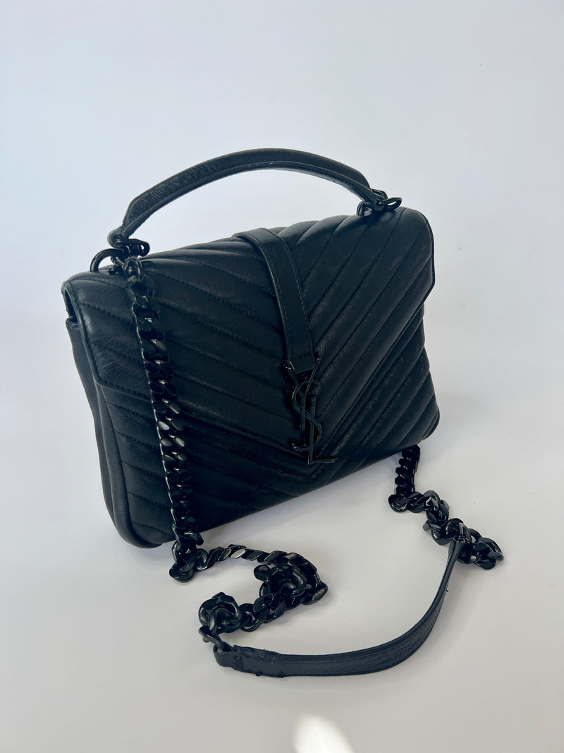 Saint Laurent Black Matelassé Leather Medium College Top Handle Bag
