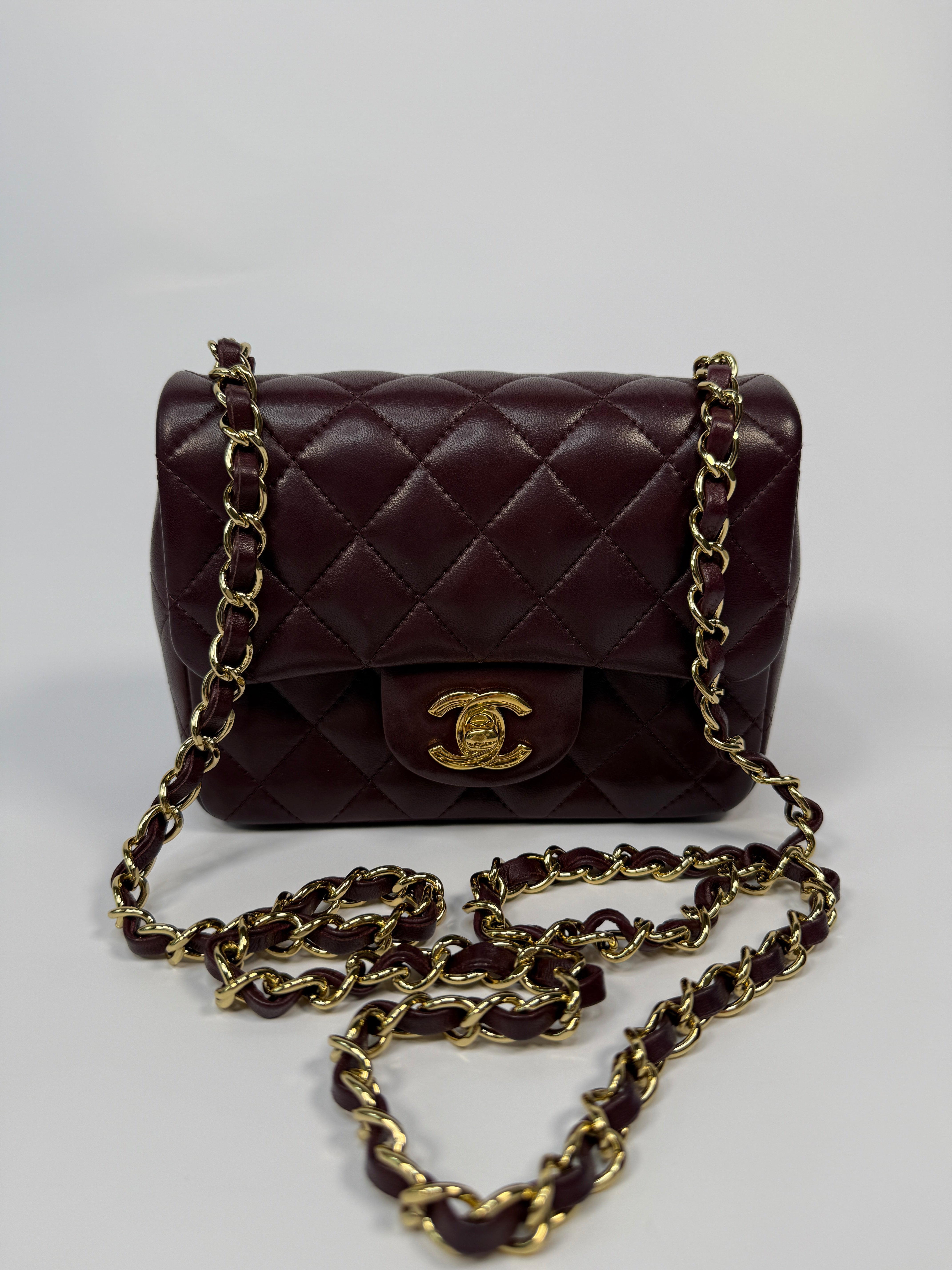 Chanel Mini Square In Burgundy Lambskin Leather With GHW