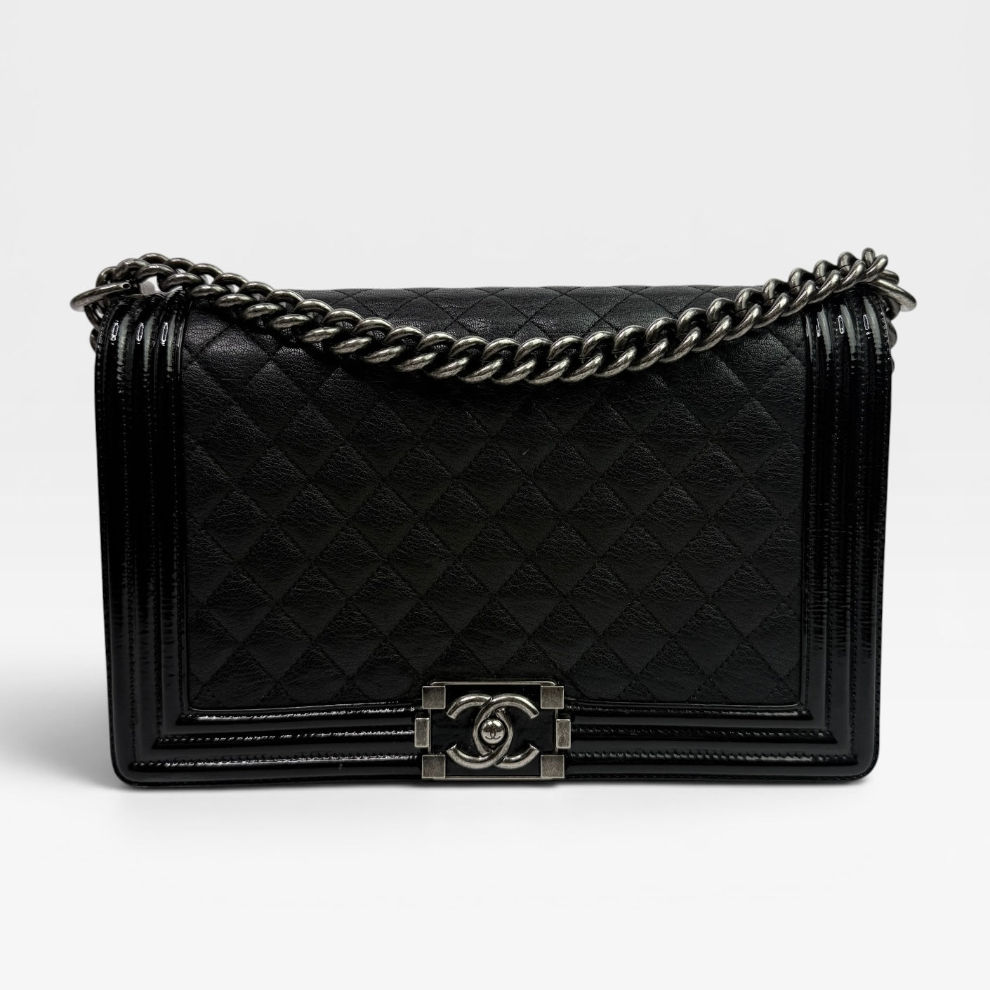 Chanel Boy Bag Large In Black Calfskin Leather Silver Hardware