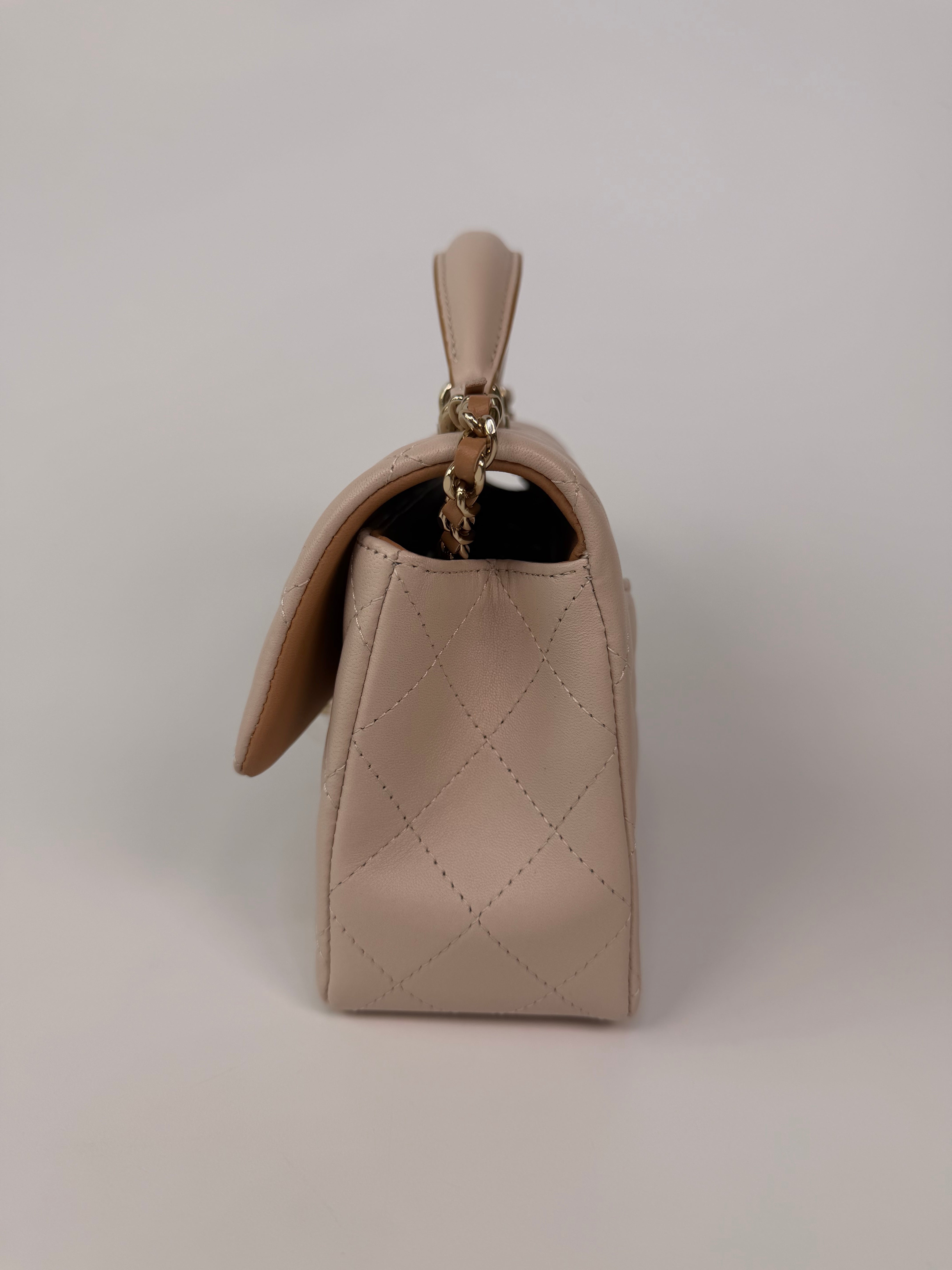 Chanel Mini Rectangle Top Handle In Light Beige Lambskin Leather With Pale Gold Hardware