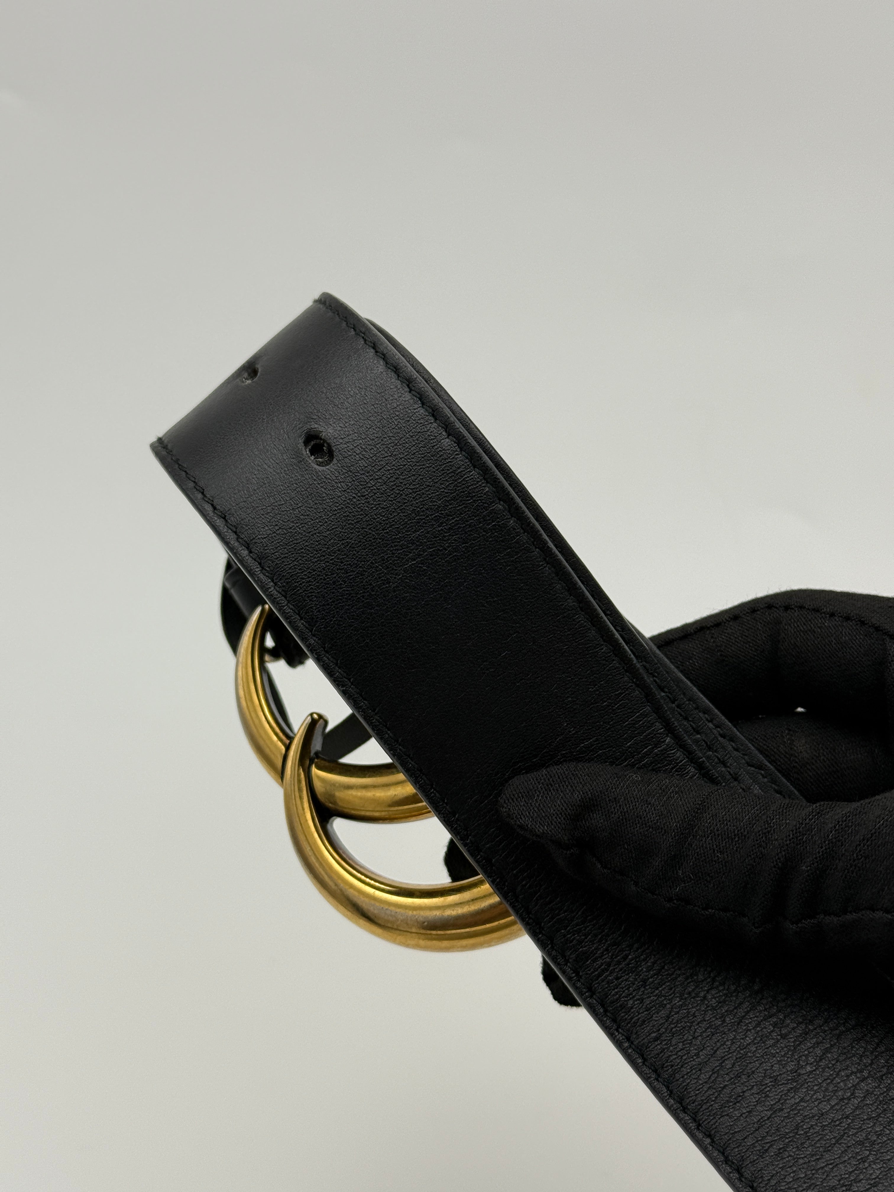 Gucci GG Marmont Wide Belt In Black Leather With Gold GG Buckle. Authentic and preloved in Excellent condition. Insured next day delivery. Verified by Luxe Cheshire. 