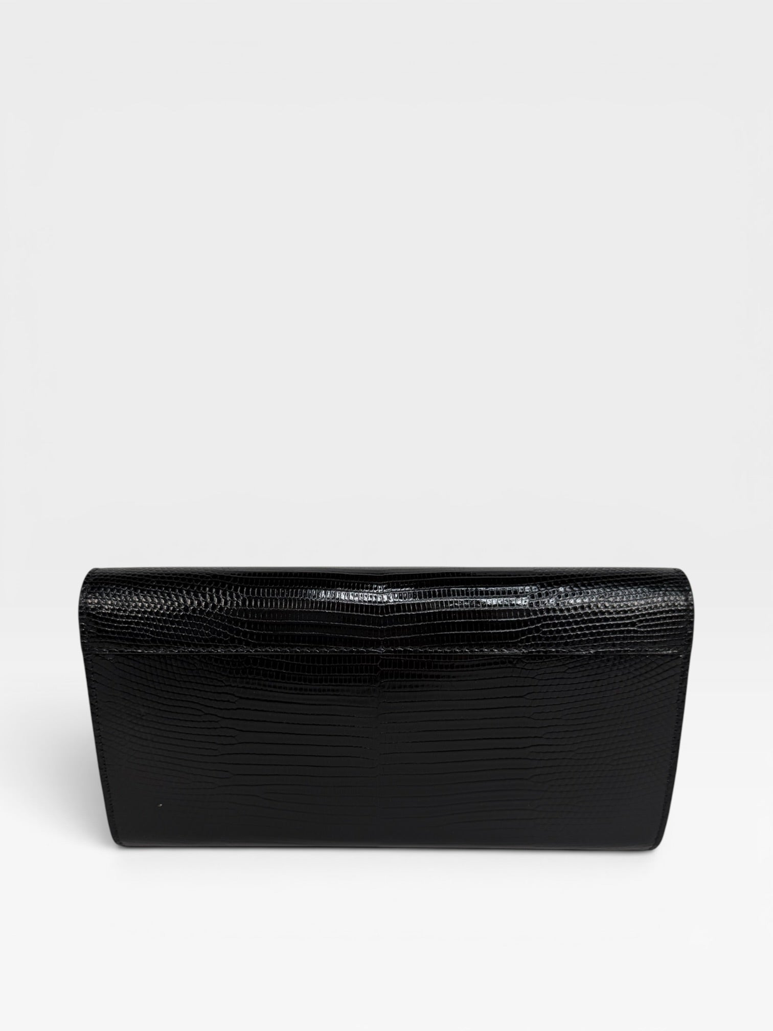 Celine Triomphe Wallet In Black Lizard Embossed Calfskin Gold Hardware. Authentic and preloved in excellent condition