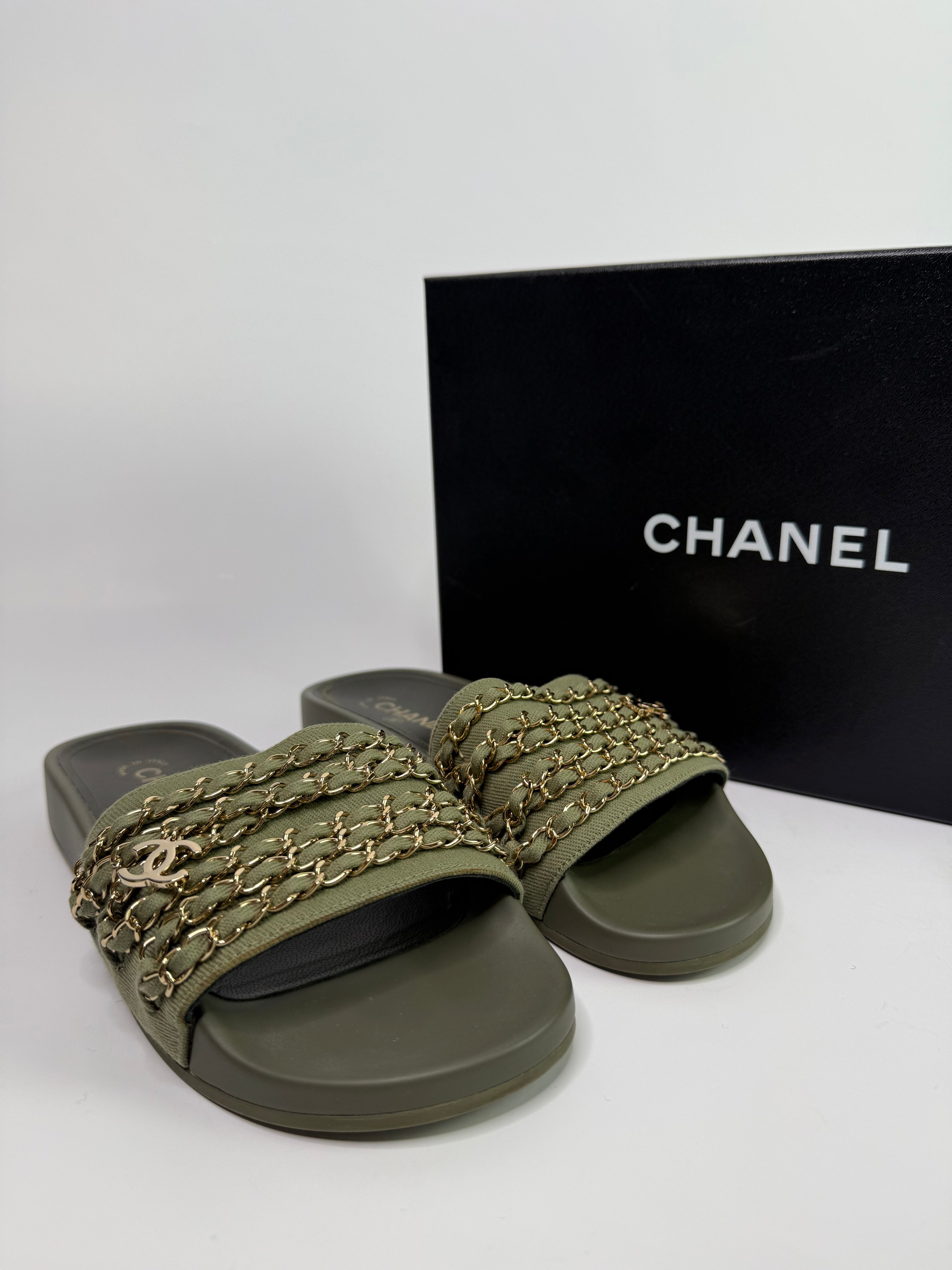 Chanel Chain Embellished Canvas CC Flat Slides  (Size 38/UK 5)