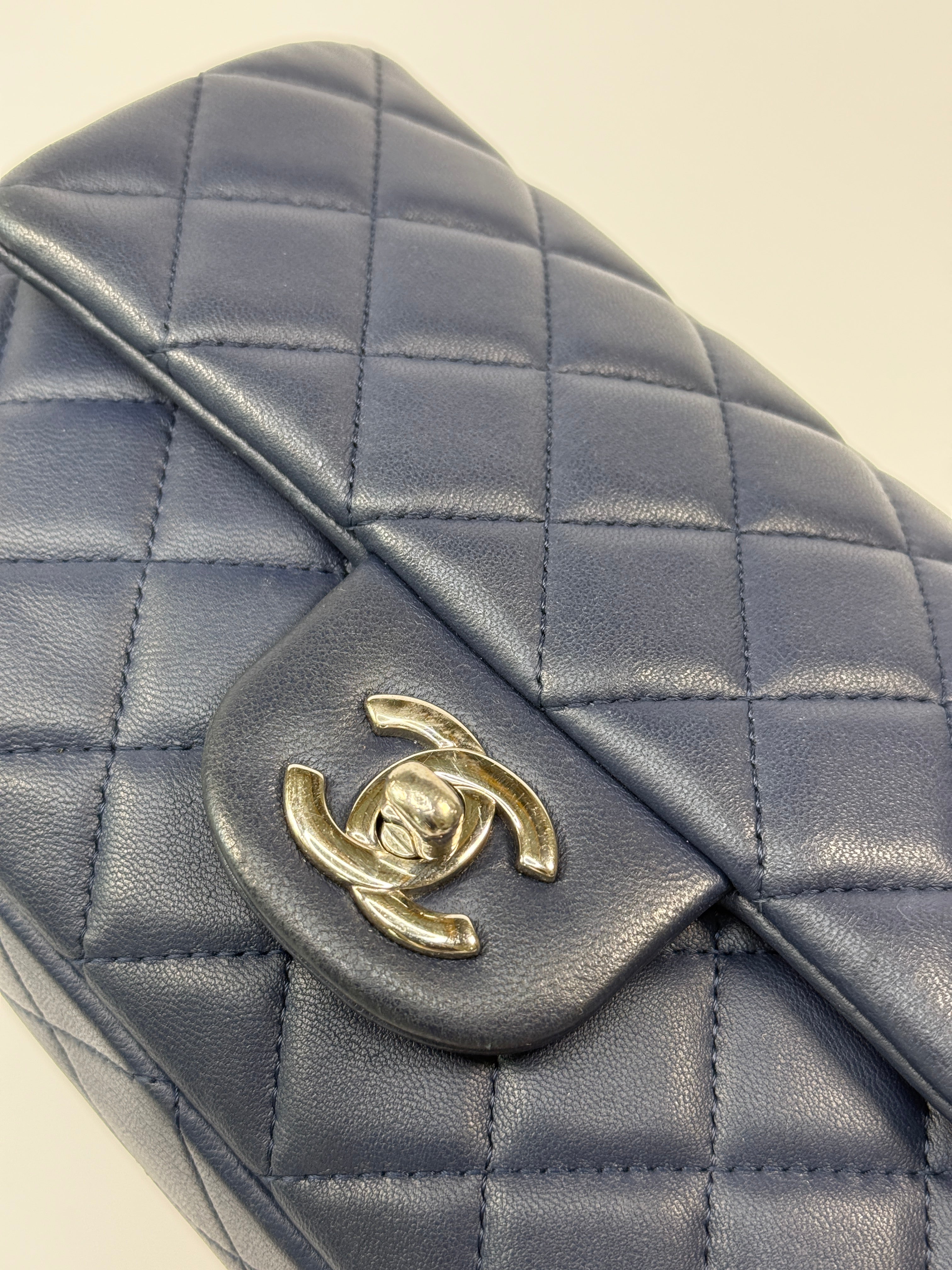 Chanel Mini Rectangle Flap Bag In Navy Lambskin With Silver Hardware
Pre Loved & Authentic 