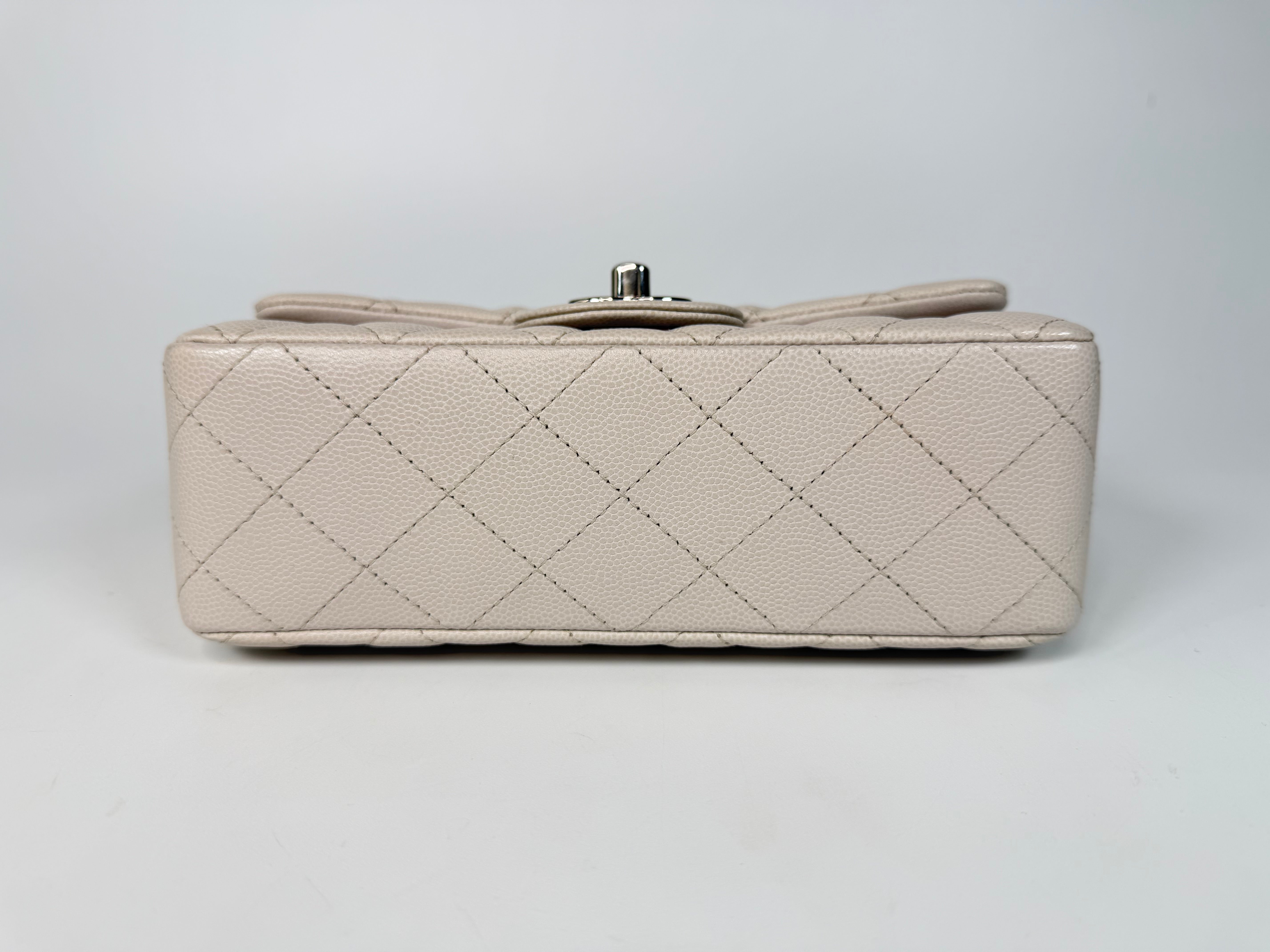 Chanel Mini Rectangle Pale Grey Caviar Leather With Silver Hardware in excellent condition 100% authentic and preloved