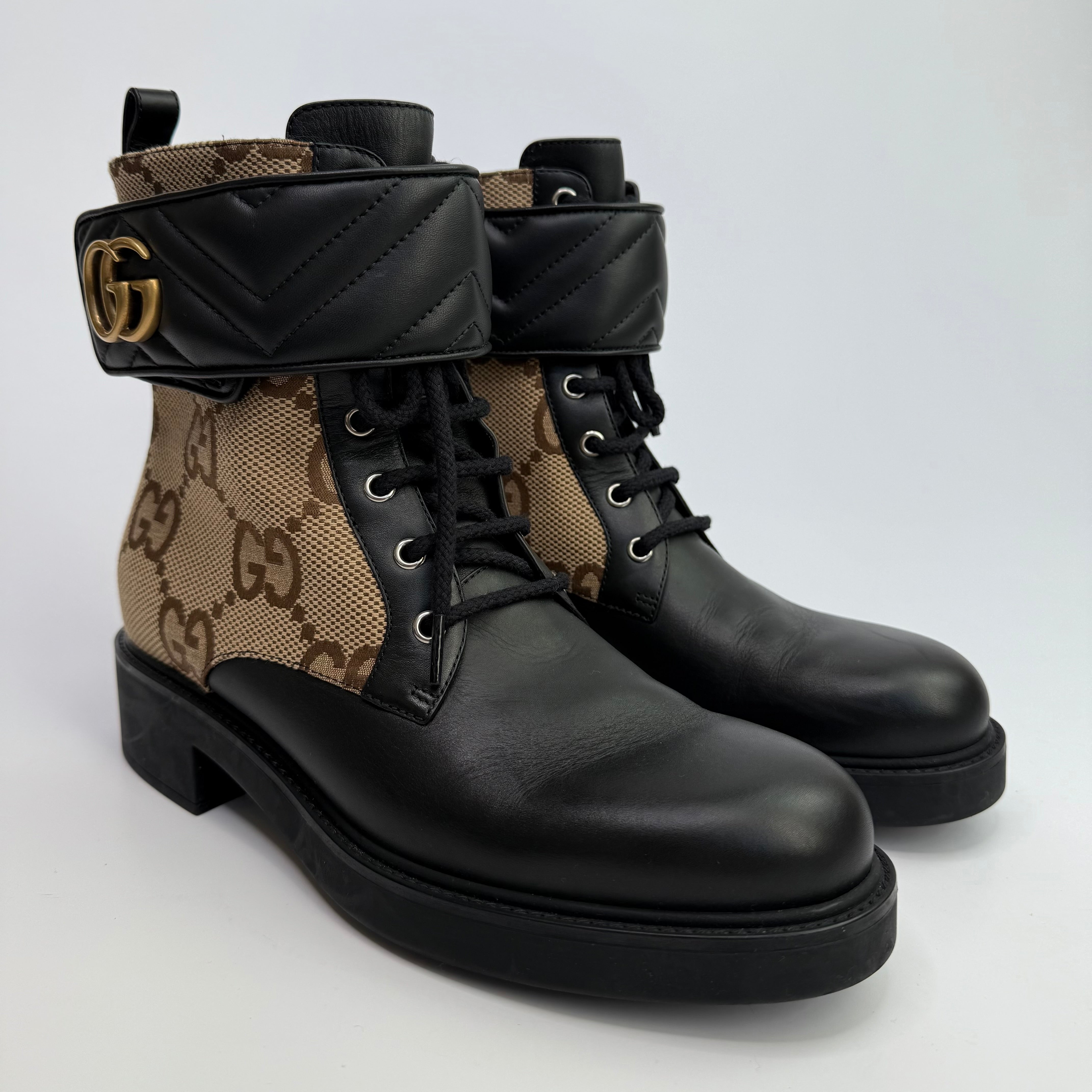 Gucci Logo Plaque Monogram Panelled Ankle Boots (Size 41/UK7). Authentic And Preloved In Excellent Condition.